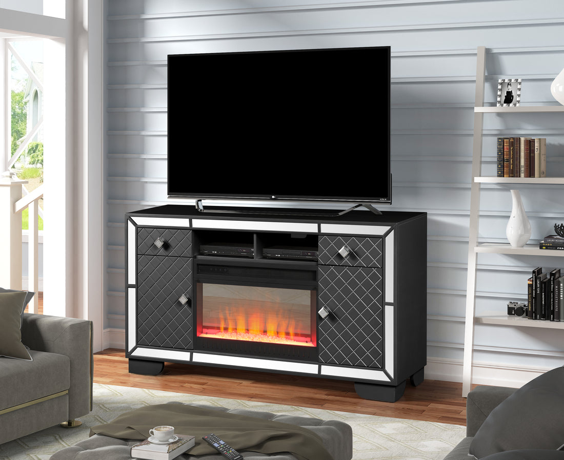 Madison Tv Stand With Electric Fireplace In Black 60 70 Black 400 Primary Living Space Contemporary,Modern Acacia Yes Solid Wood Mdf Wood Electric