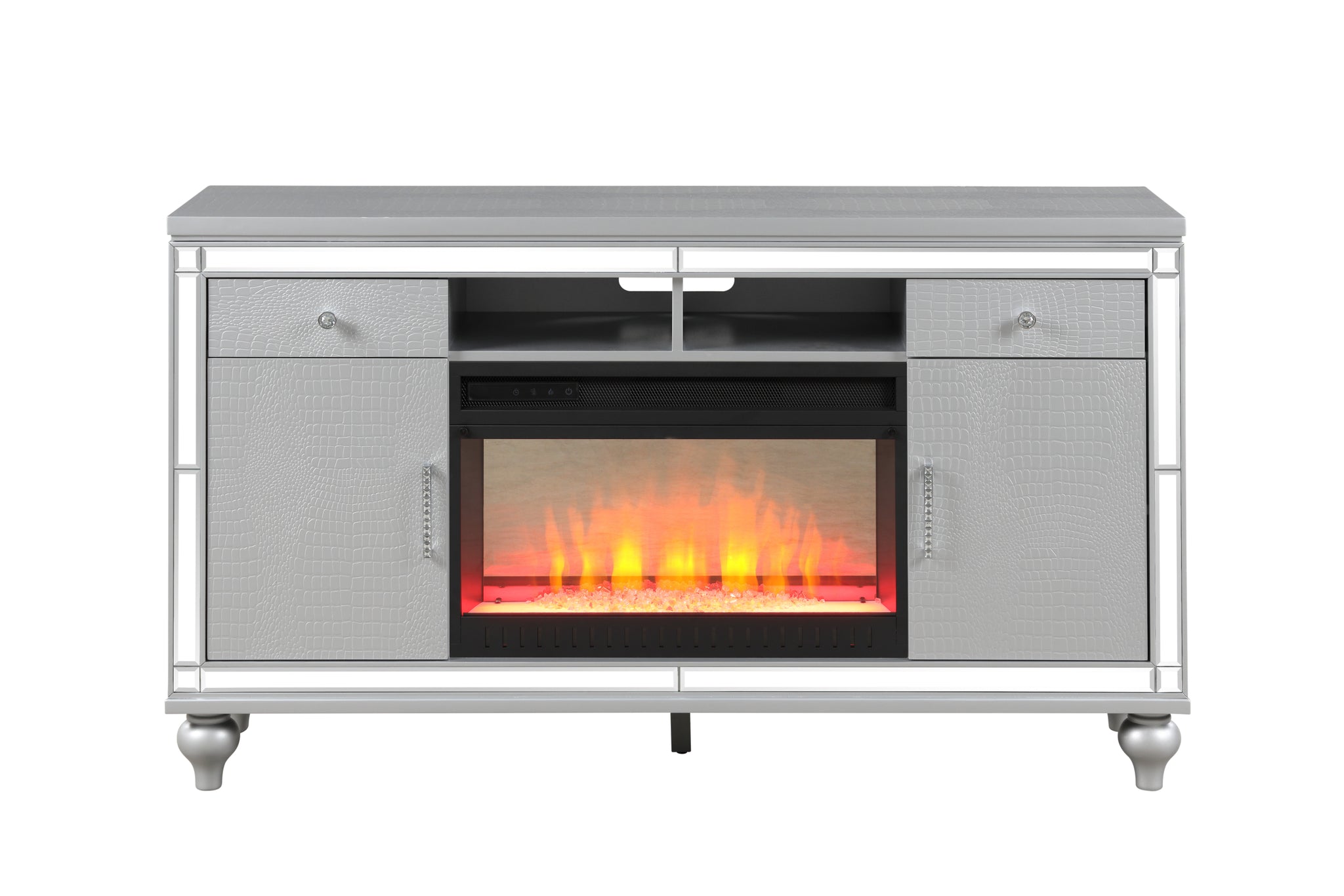 Sterling TV Stand With Electric Fireplace in Silver silver-solid wood