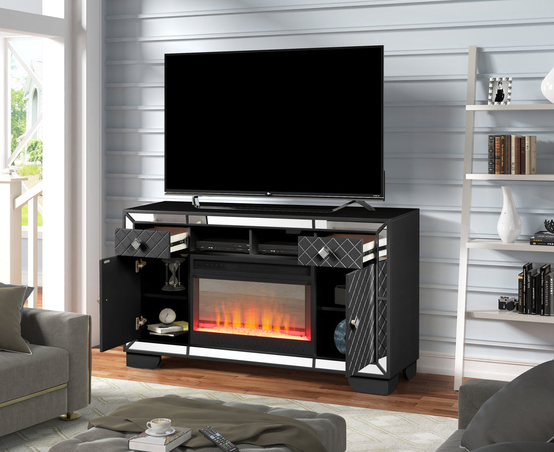 Madison Tv Stand With Electric Fireplace In Black 60 70 Black 400 Primary Living Space Contemporary,Modern Acacia Yes Solid Wood Mdf Wood Electric