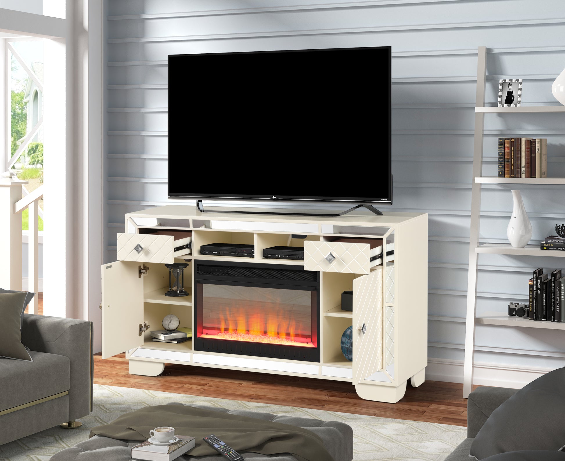 Madison Tv Stand With Electric Fireplace In Beige Electric Beige Primary Living Space Contemporary,Modern Yes Solid Wood Mdf Wood Electric