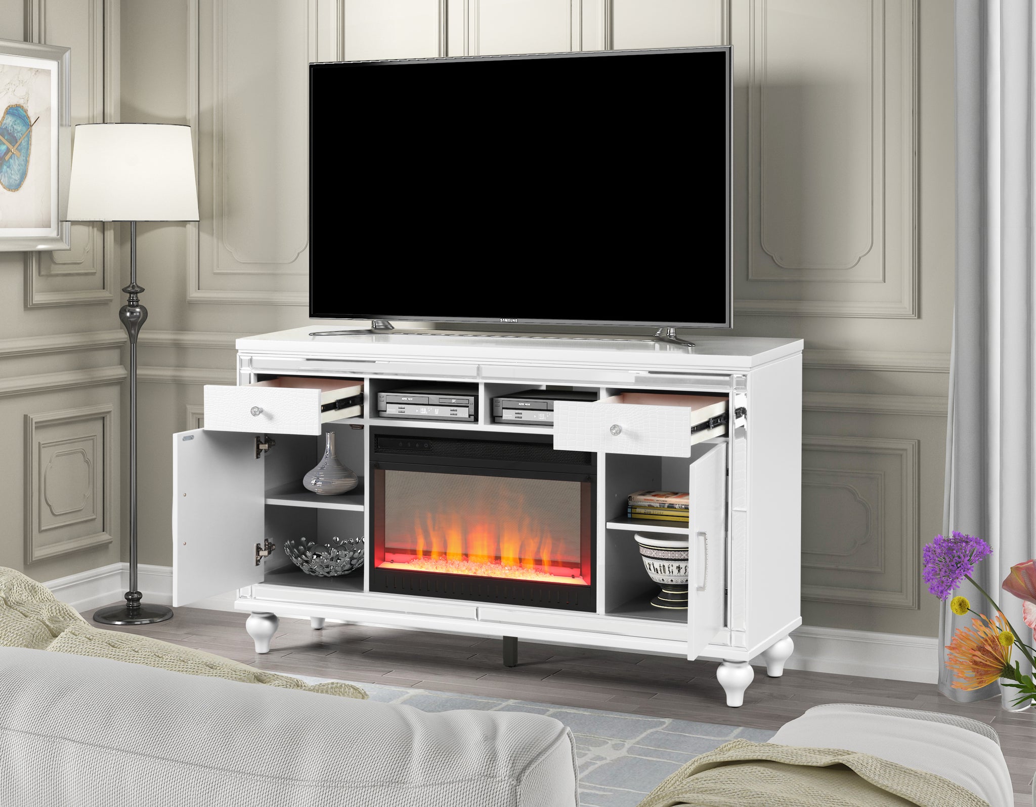Sterling TV Stand With Electric Fireplace in White white-solid wood