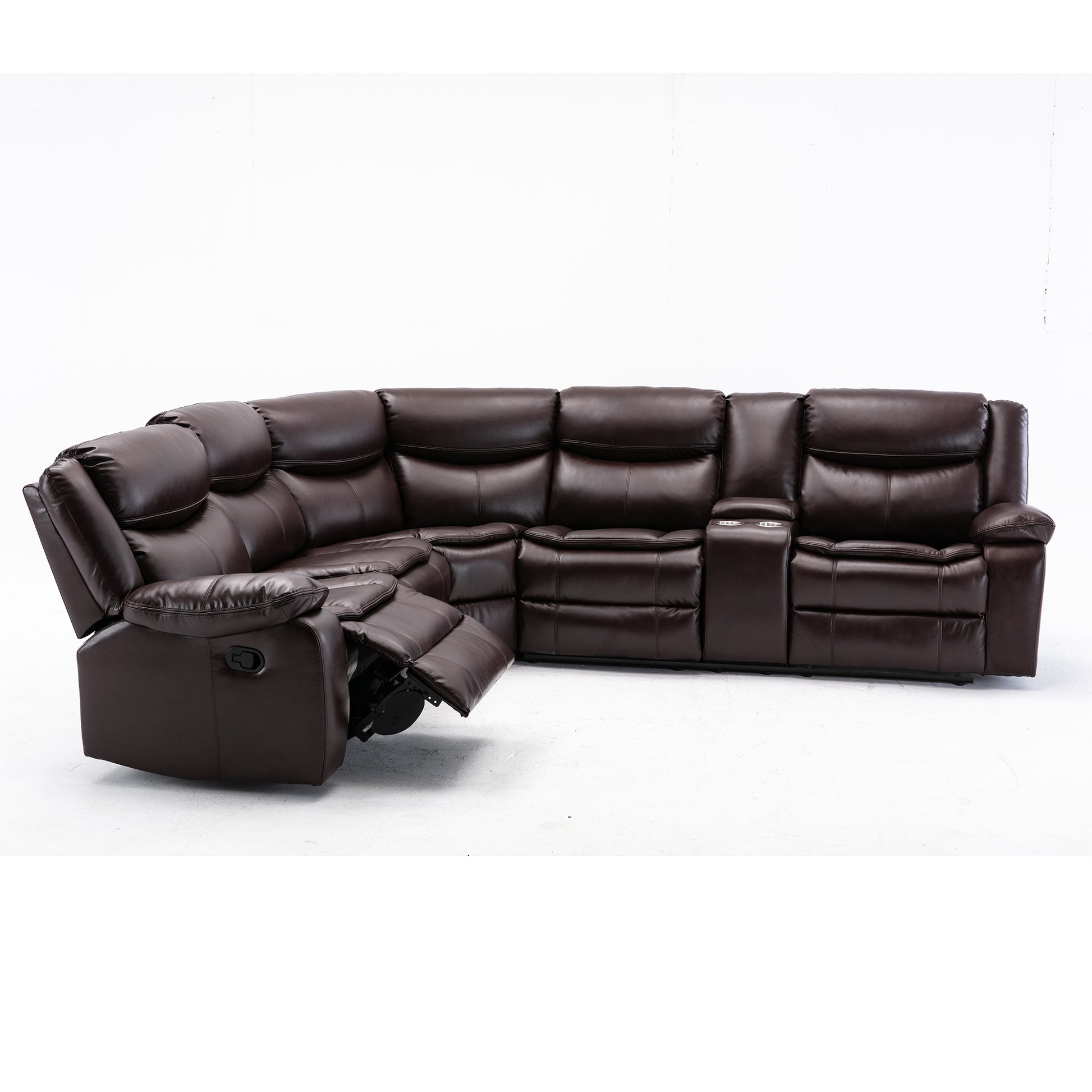 L Shapeleather Manual Reclining Sectional Sofa Set, Brown Brown Foam Leather 5 Seat