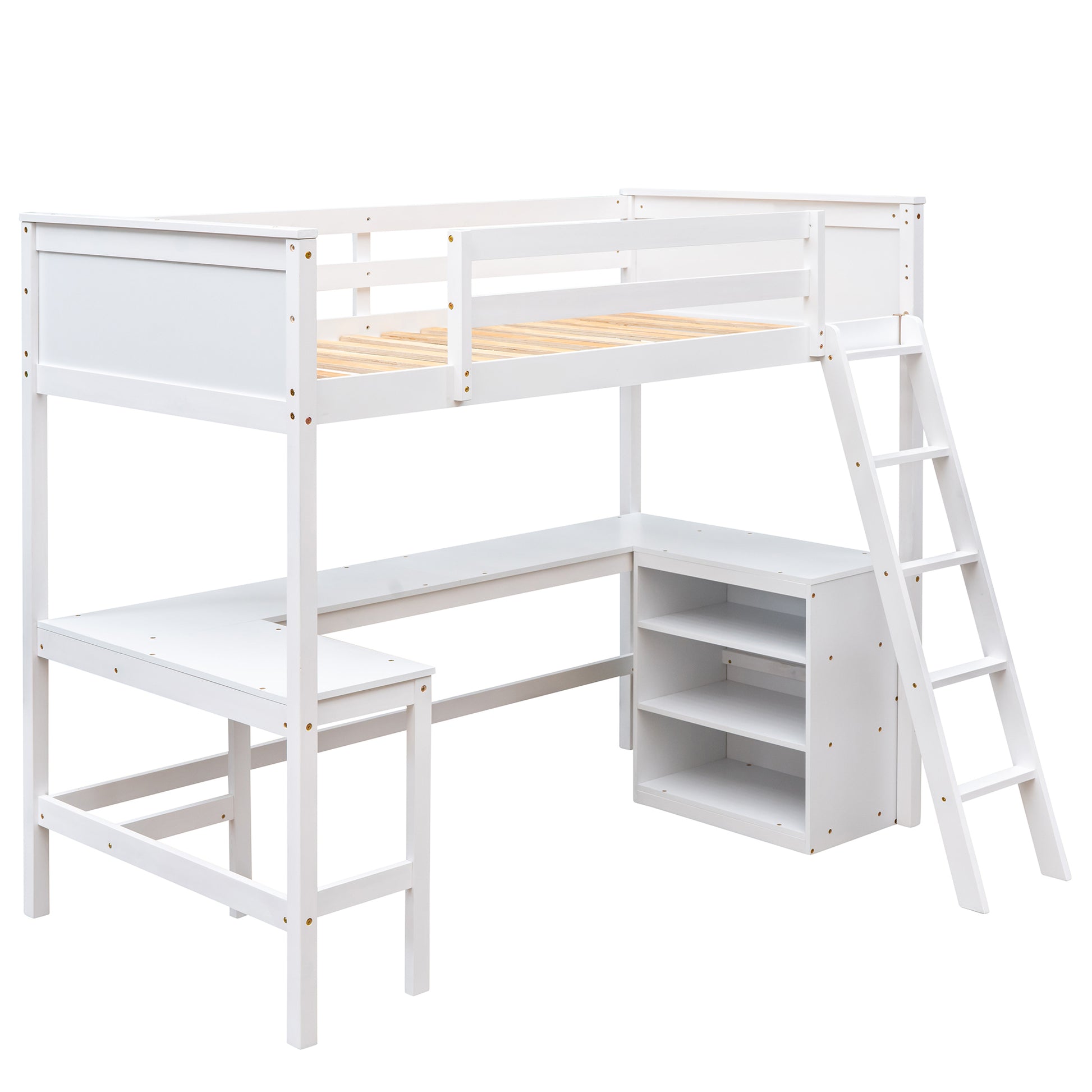 Twin Size Loft Bed With Shelves And Desk, Wooden Loft Bed With Desk White Old Sku:Lt000537Aak Twin White Solid Wood