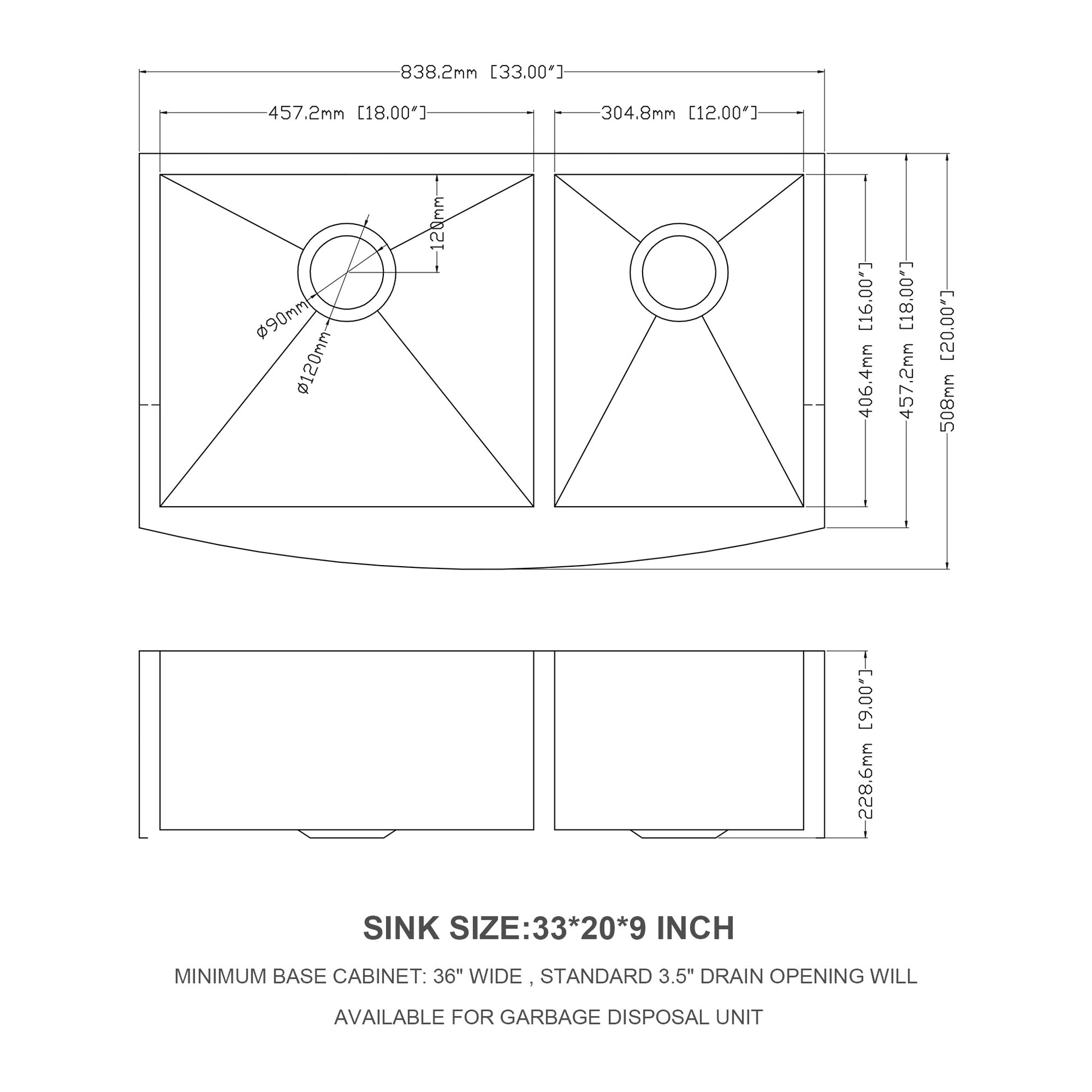 Double Bowl Farmhouse Sink 33"X20" Stainless Steel Farm Sink Undermount Apron Front Double Bowl Kitchen Sink 18 Gauge With Two 9" Deep Basin Brushed Nickel Stainless Steel