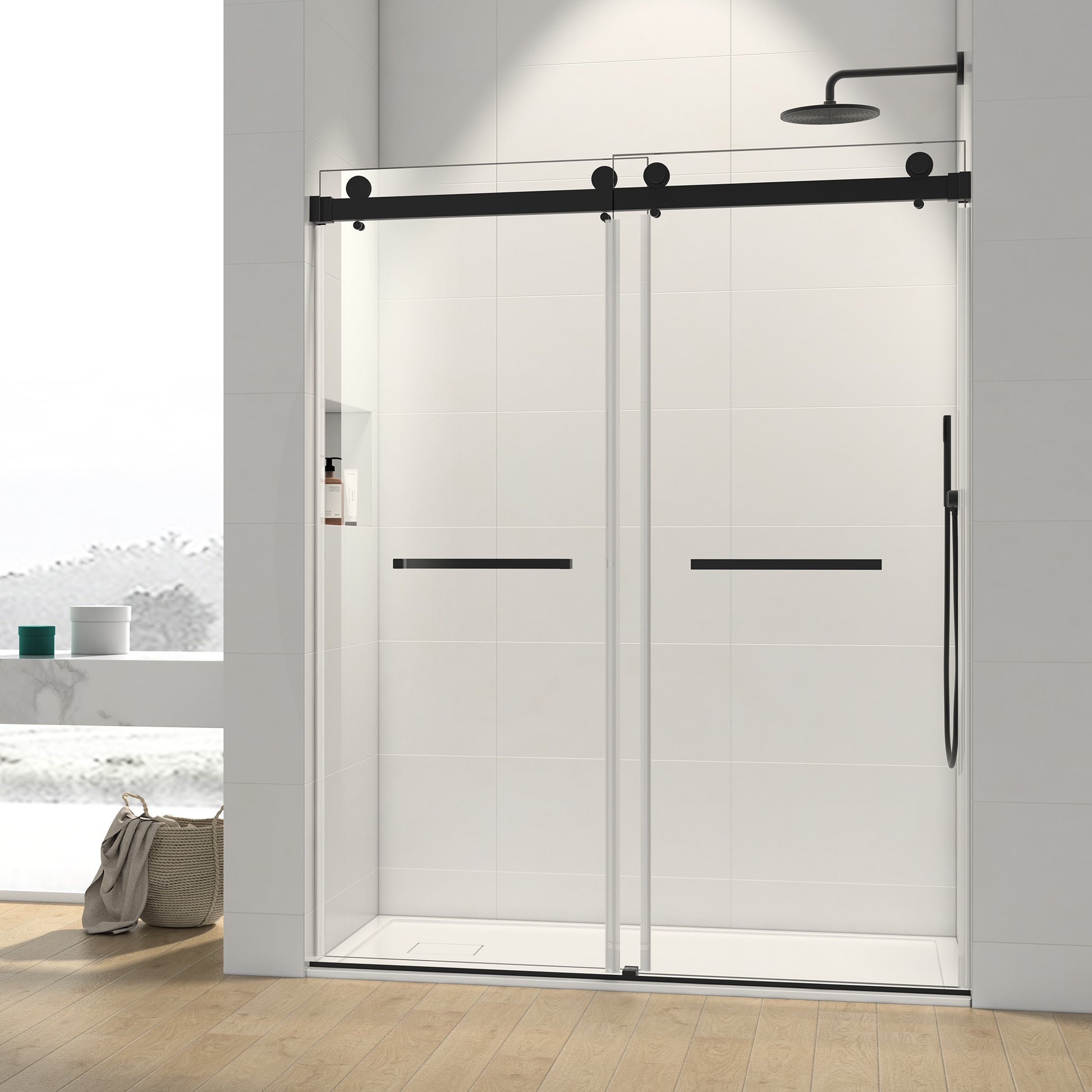 72*76" Double Sliding Frameless Shower Door Matte matte black-glass