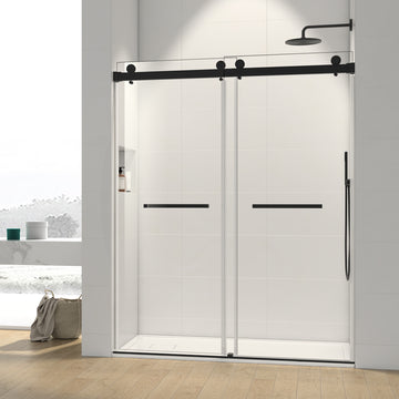 72*76" Double Sliding Frameless Shower Door Matte Black Without Buffer Matte Black Glass