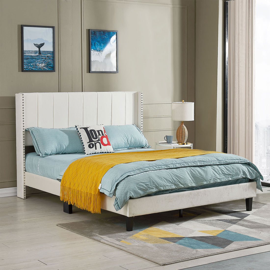 Queen Bed Frame Velvet Upholstered Bed Frame with beige-solid wood