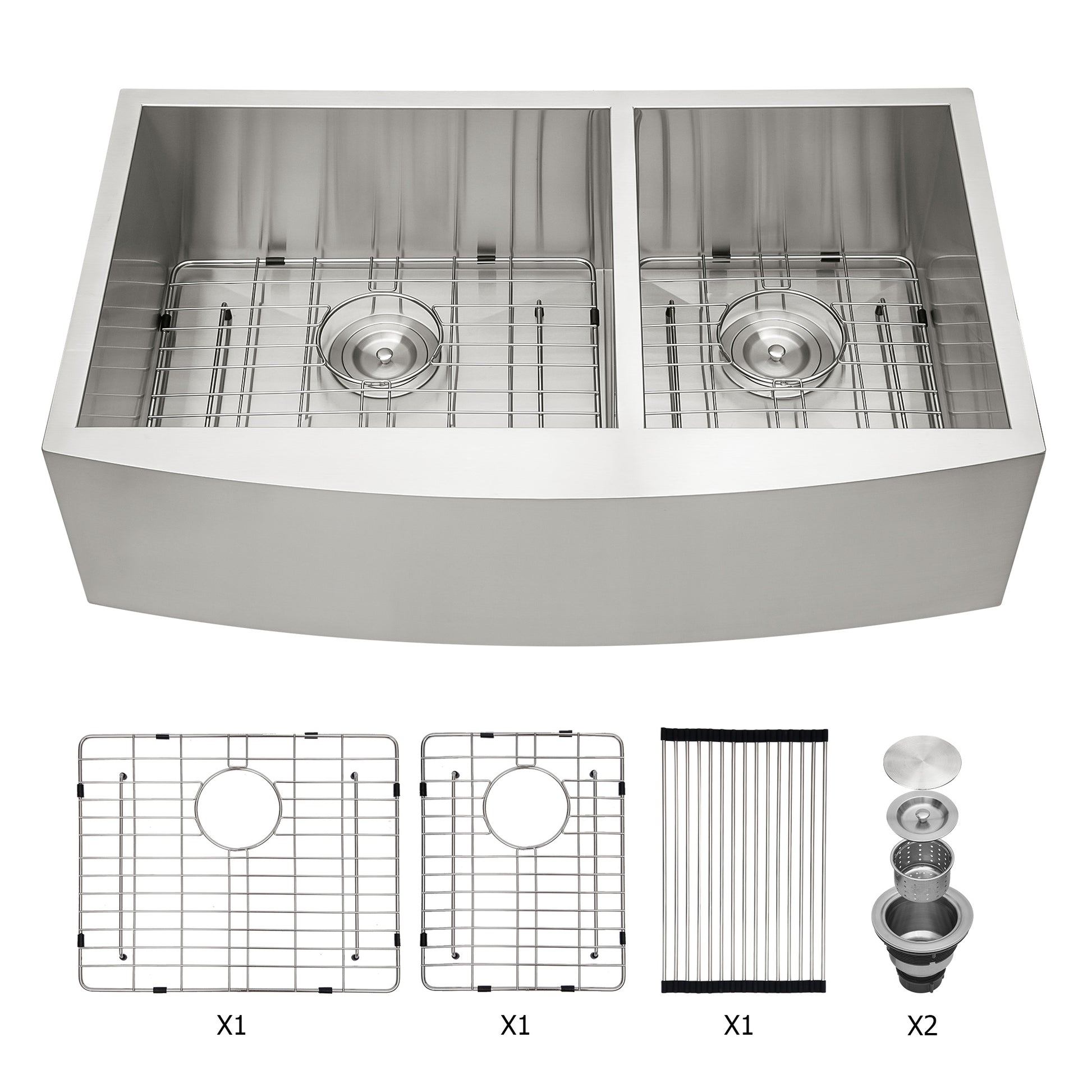 Double Bowl Farmhouse Sink 33"X20" Stainless Steel Farm Sink Undermount Apron Front Double Bowl Kitchen Sink 18 Gauge With Two 9" Deep Basin Brushed Nickel Stainless Steel