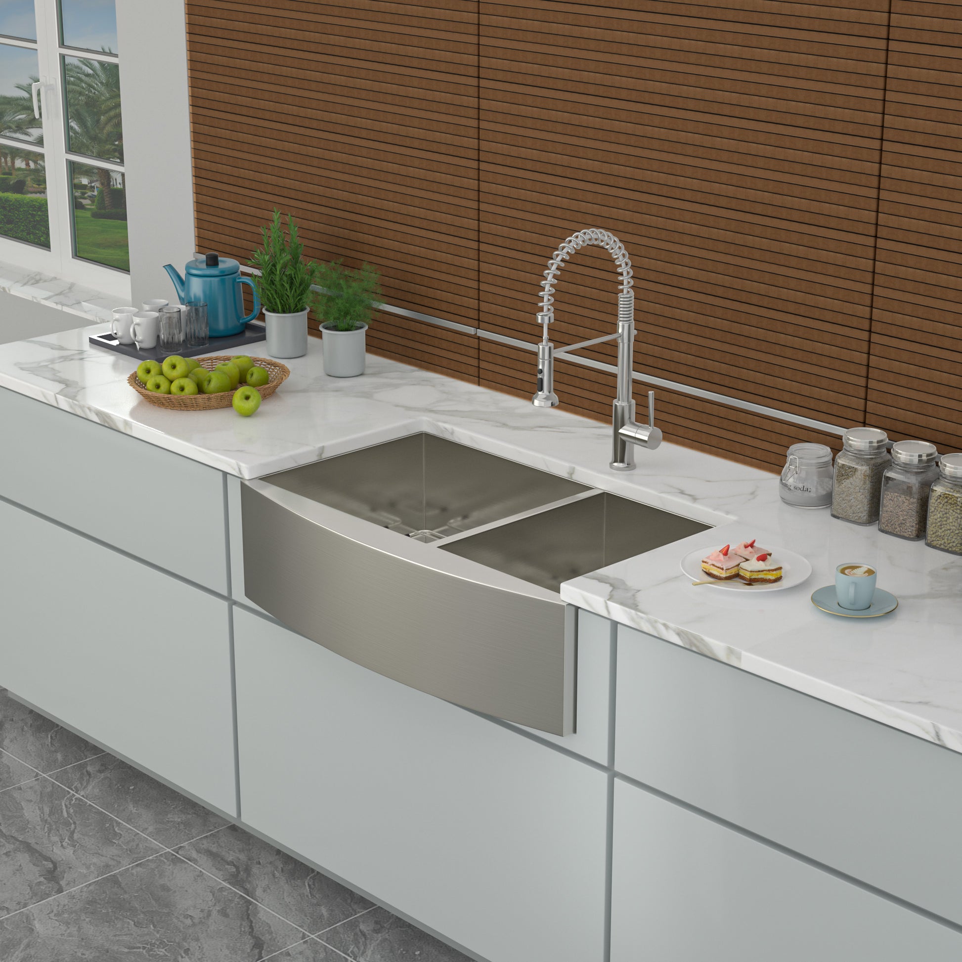 Double Bowl Farmhouse Sink 33"X20" Stainless Steel Farm Sink Undermount Apron Front Double Bowl Kitchen Sink 18 Gauge With Two 9" Deep Basin Brushed Nickel Stainless Steel