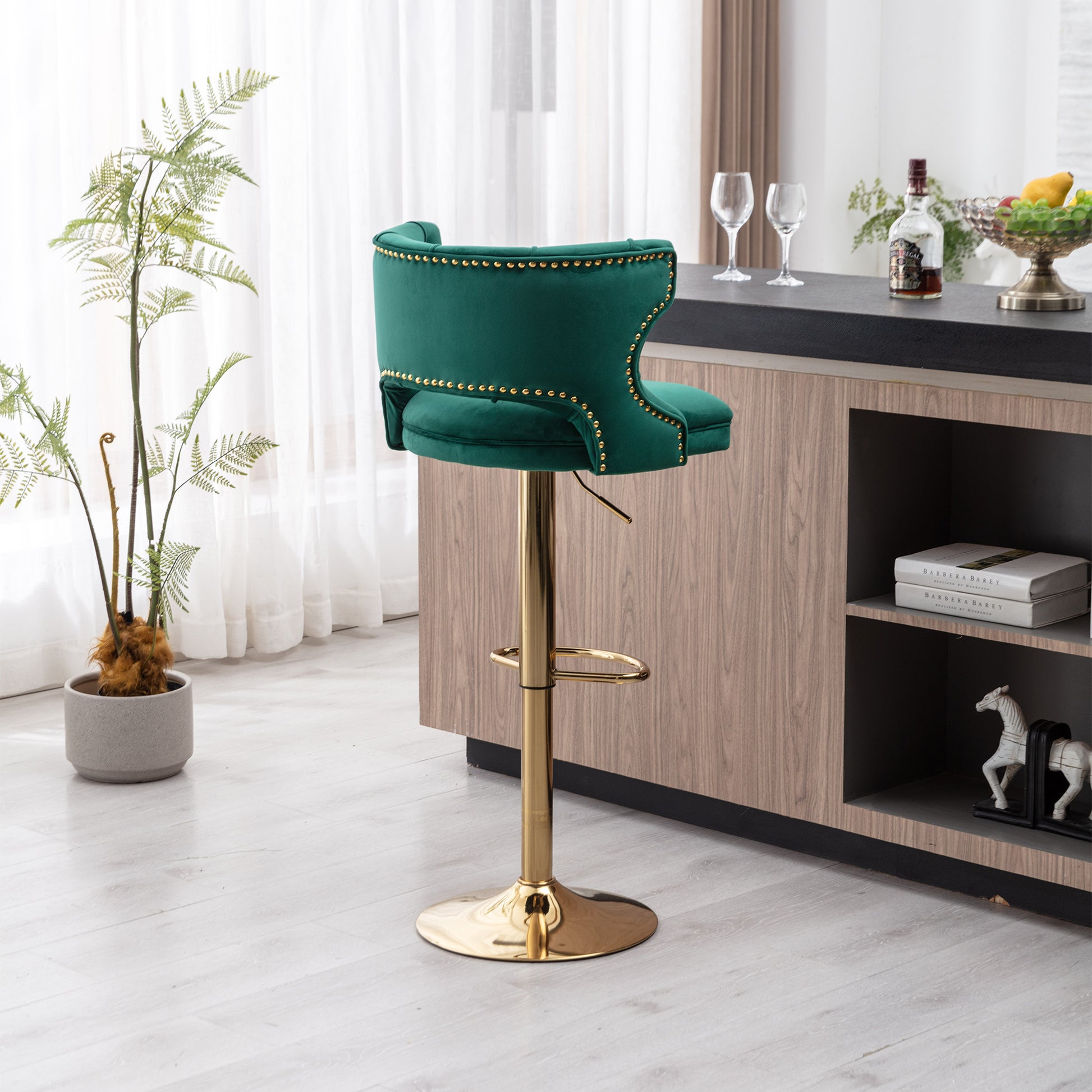 Bar Stools With Back And Footrest Counter Height Dining Chairs Velvet Green 2Pcs Set Green Upholstered