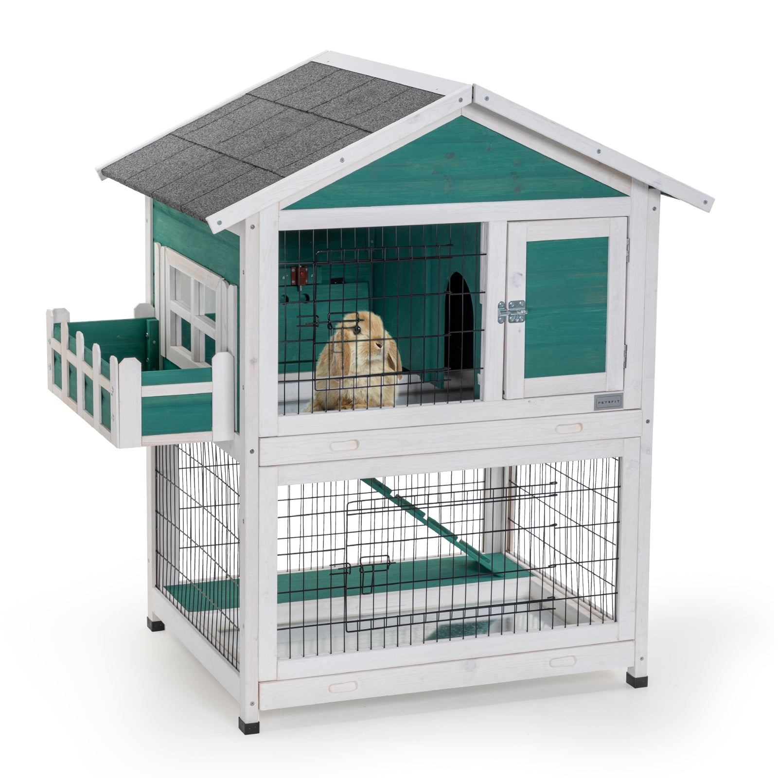 2 Story Wooden Rabbit Hutch Outdoor Indoor Bunny Cage Pull Out Tray,Waterproof Roof Green Solid Wood