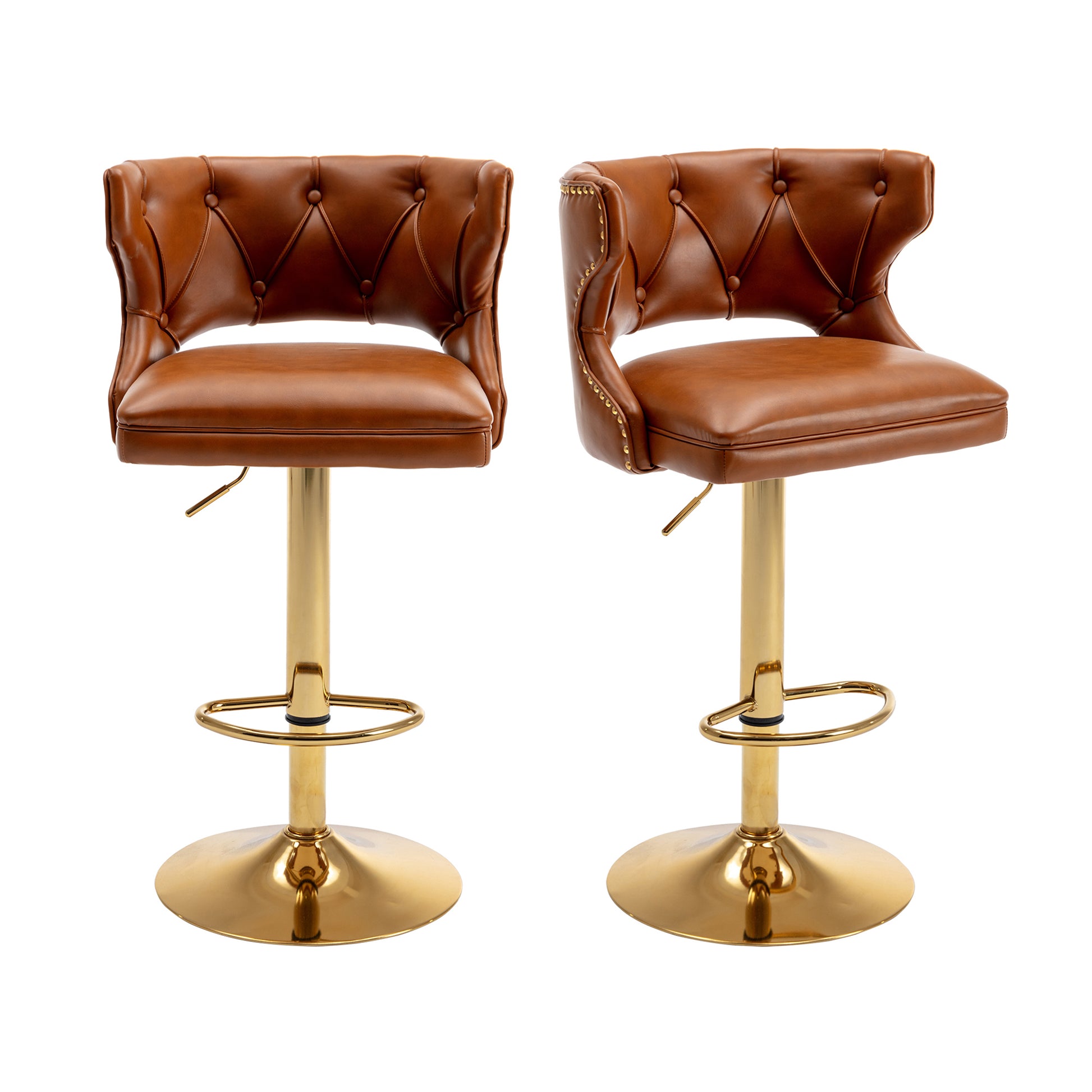 Bar Stools With Back And Footrest Counter Height Dining Chairs Leather Brown 2Pcs Set Brown Upholstered