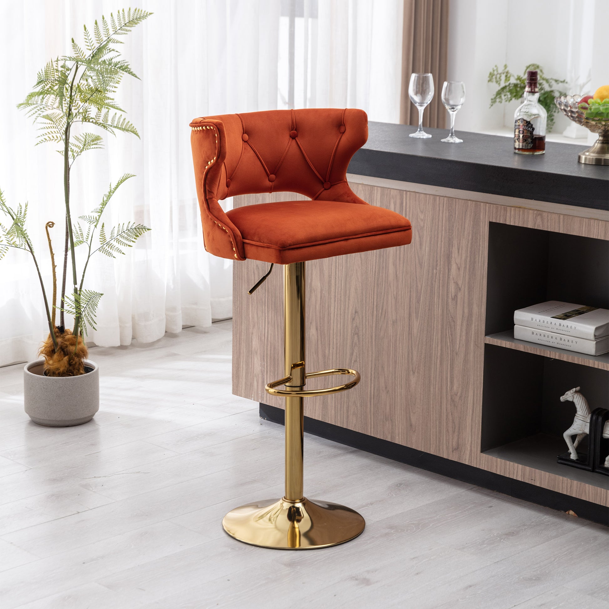 Bar Stools With Back And Footrest Counter Height Dining Chairs Velvet Orange 2Pcs Set Orange Upholstered