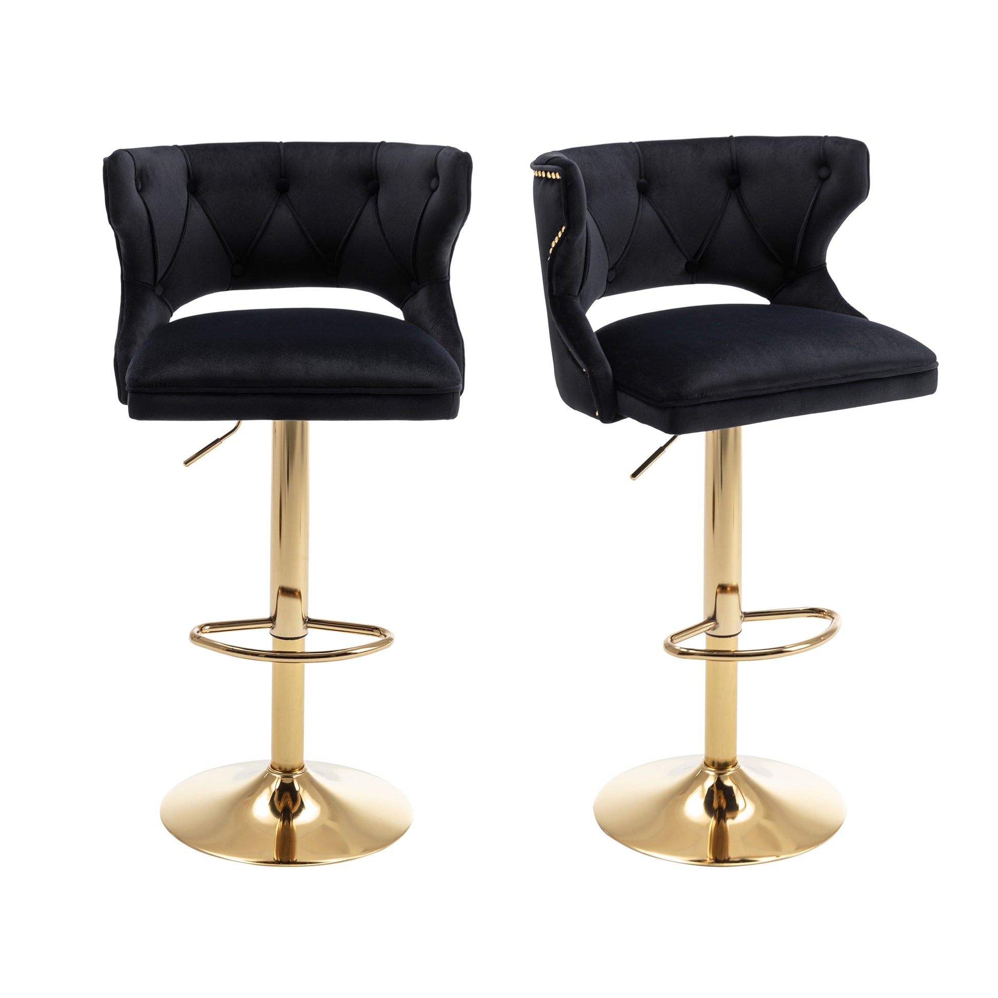 Bar Stools With Back And Footrest Counter Height Dining Chairs Velvet Black 2Pcs Set Black Upholstered