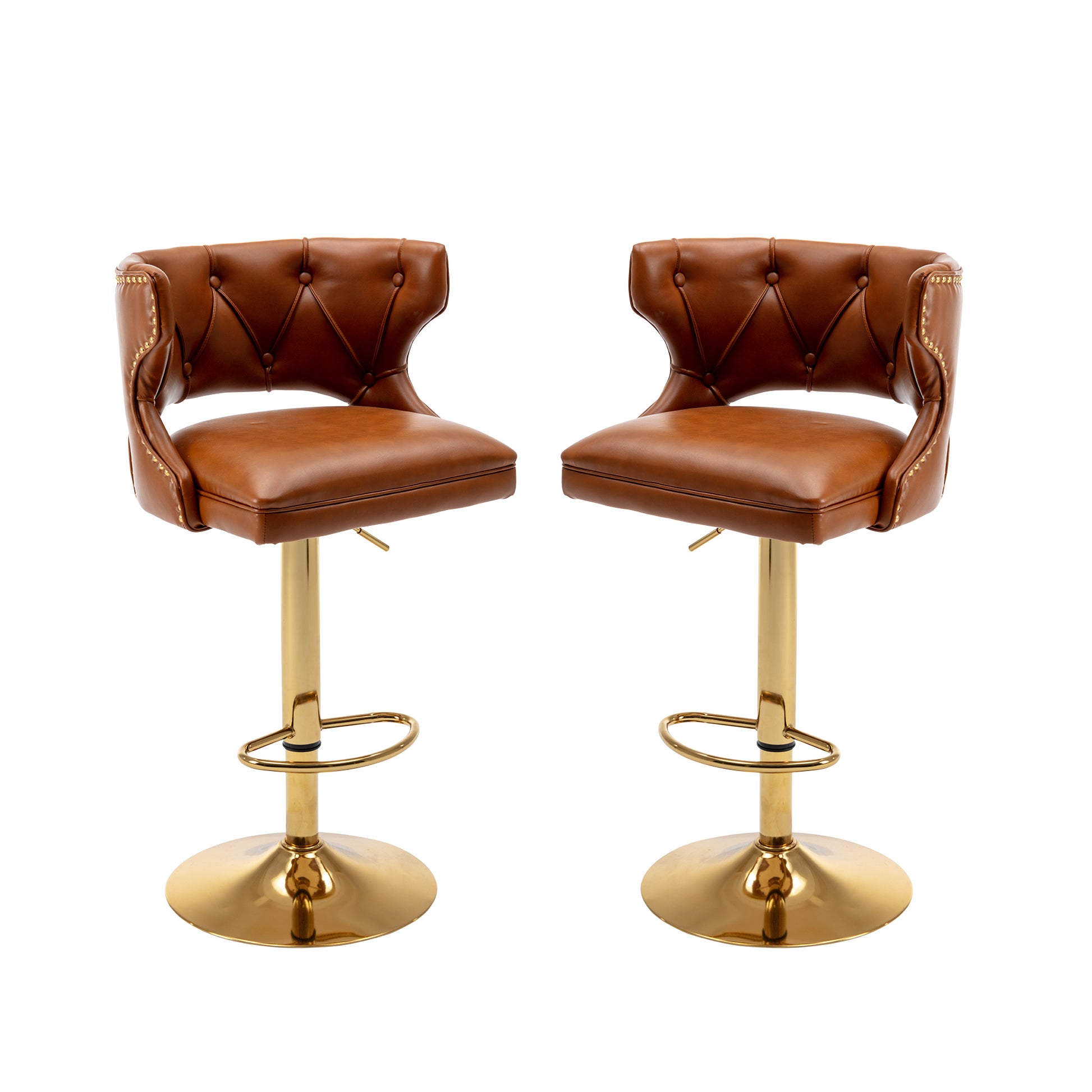 Bar Stools With Back And Footrest Counter Height Dining Chairs Leather Brown 2Pcs Set Brown Upholstered