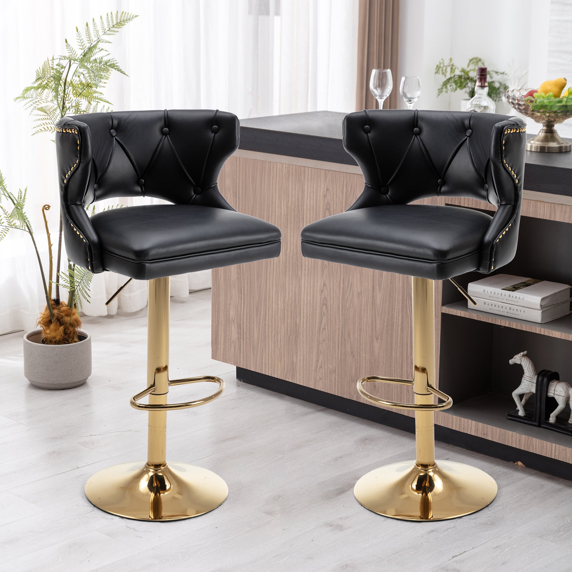 Bar Stools With Back And Footrest Counter Height Dining Chairs Leather Black 2Pcs Set Black Upholstered