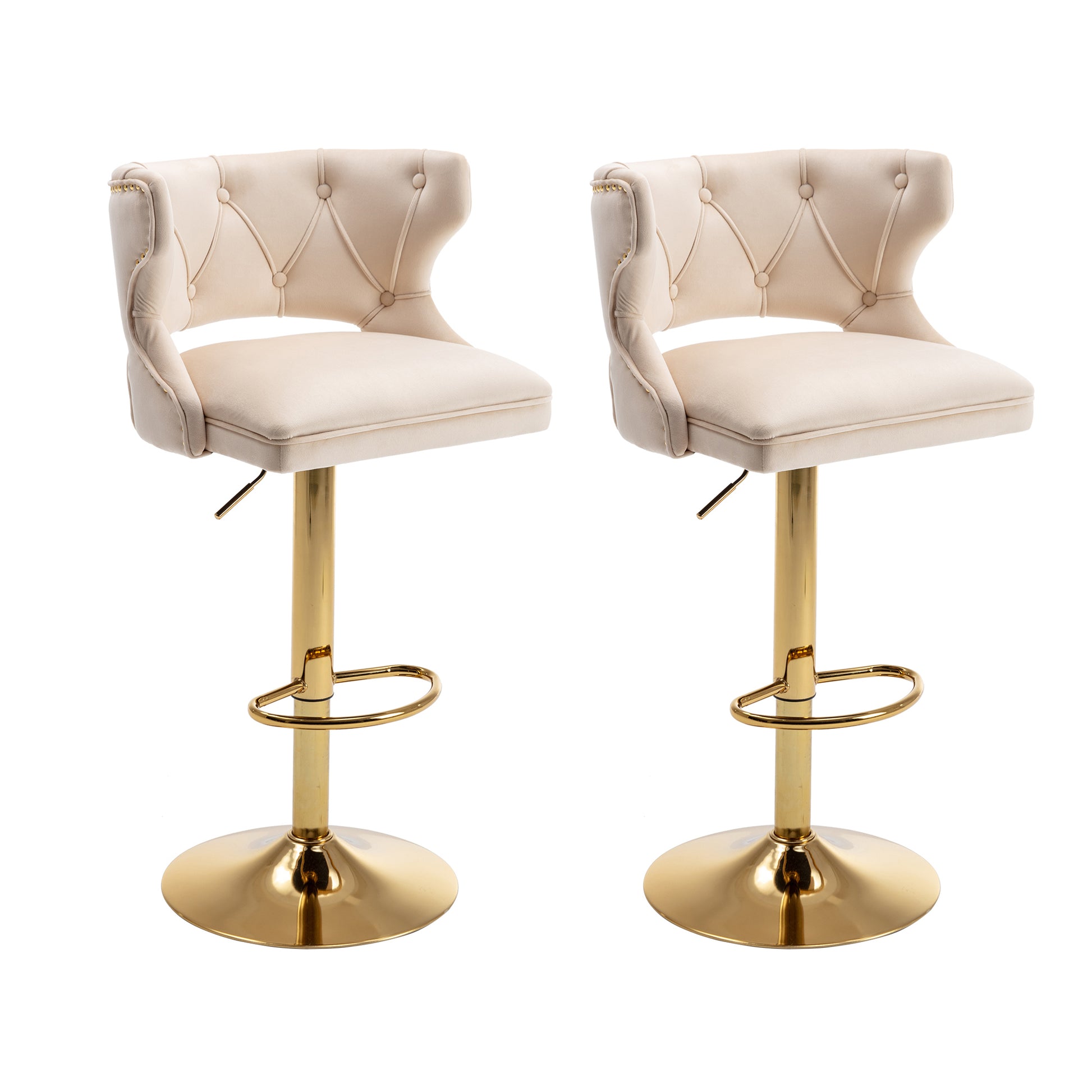 Bar Stools With Back And Footrest Counter Height Dining Chairs Velvet Beige 2Pcs Set Beige Upholstered