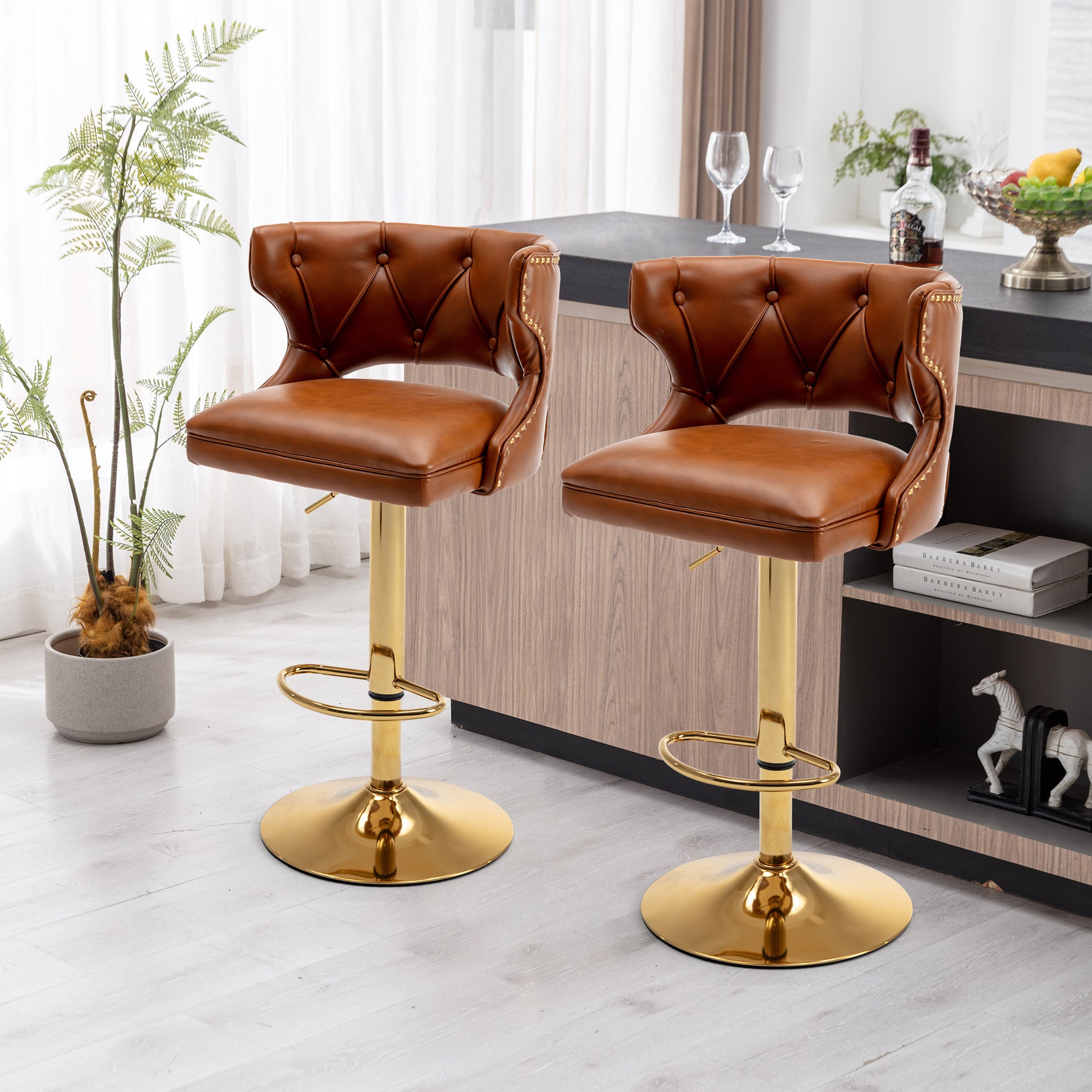 Bar Stools With Back And Footrest Counter Height Dining Chairs Leather Brown 2Pcs Set Brown Upholstered