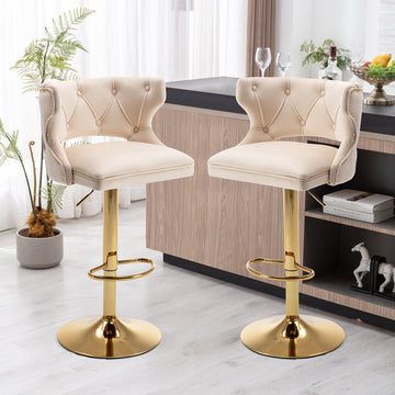 Bar Stools With Back And Footrest Counter Height Dining Chairs Velvet Beige 2Pcs Set Beige Upholstered