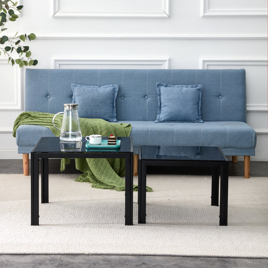 Nesting Coffee Table Set Of 2, Square Modern Stacking Table With Tempered Glass Finish For Living Room,Black Black Glass