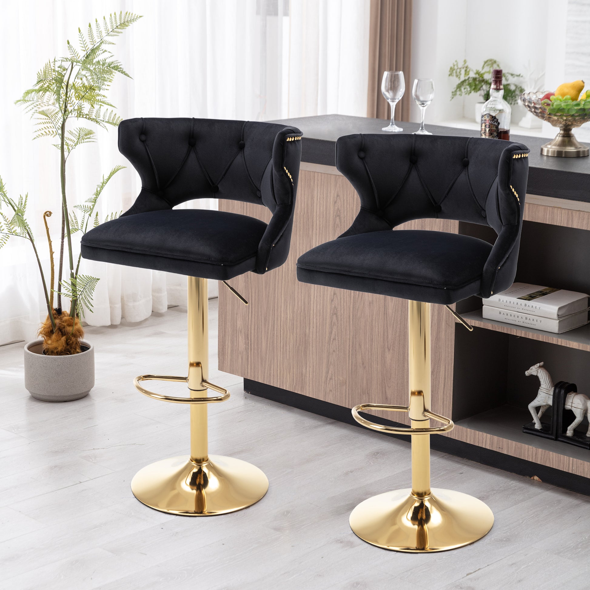 Bar Stools With Back And Footrest Counter Height Dining Chairs Velvet Black 2Pcs Set Black Upholstered