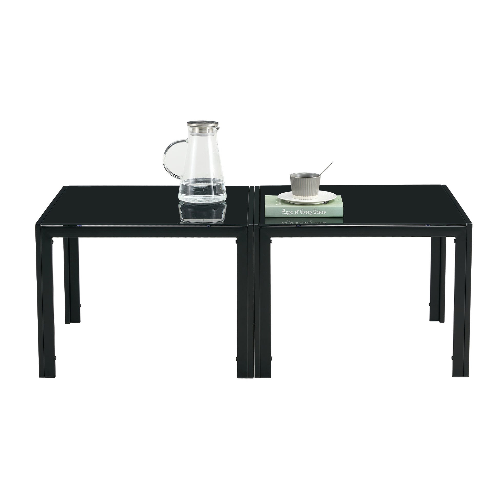 Coffee Table Set Of 2, Square Modern Table With Tempered Glass Finish For Living Room,Black Black Glass