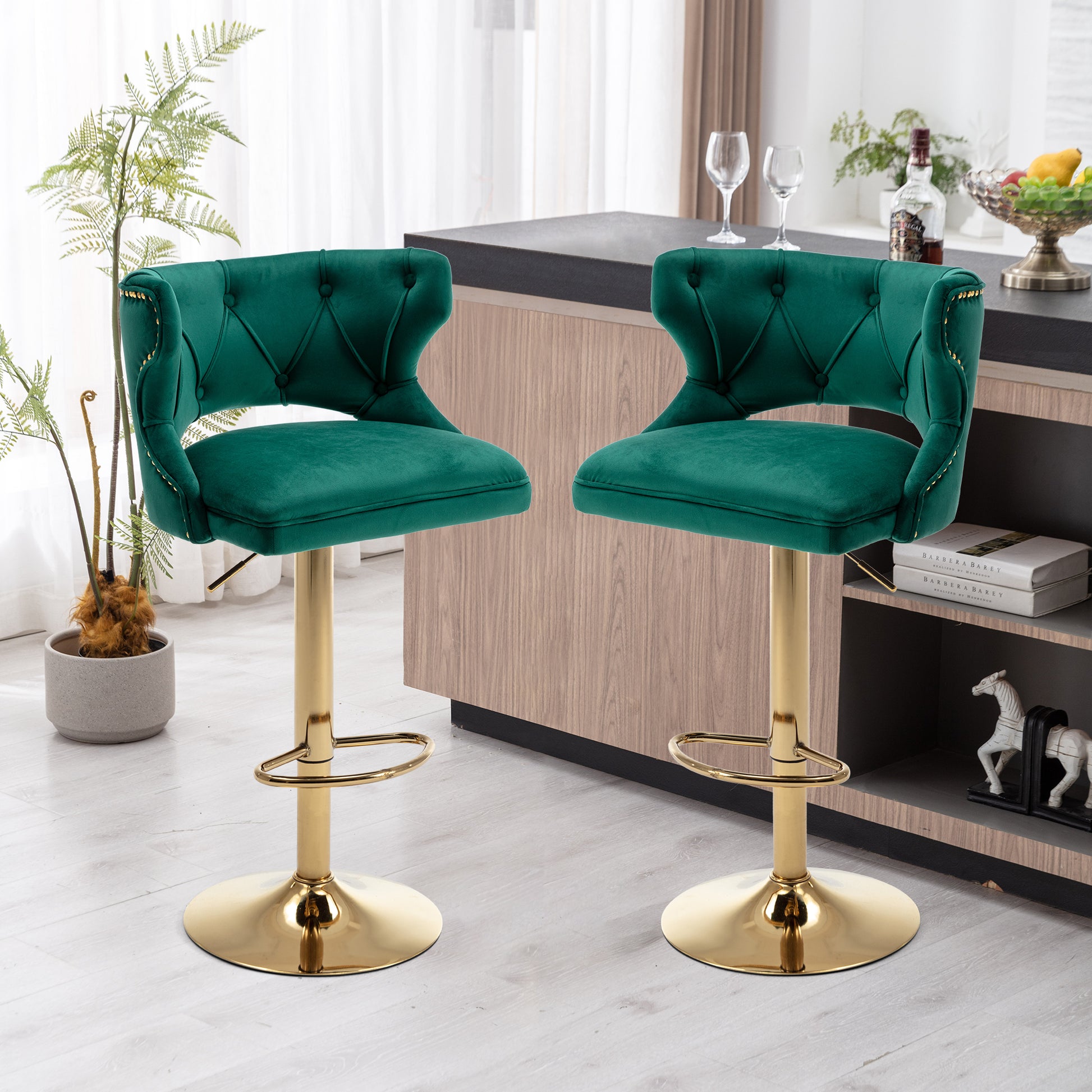 Bar Stools With Back And Footrest Counter Height Dining Chairs Velvet Green 2Pcs Set Green Upholstered