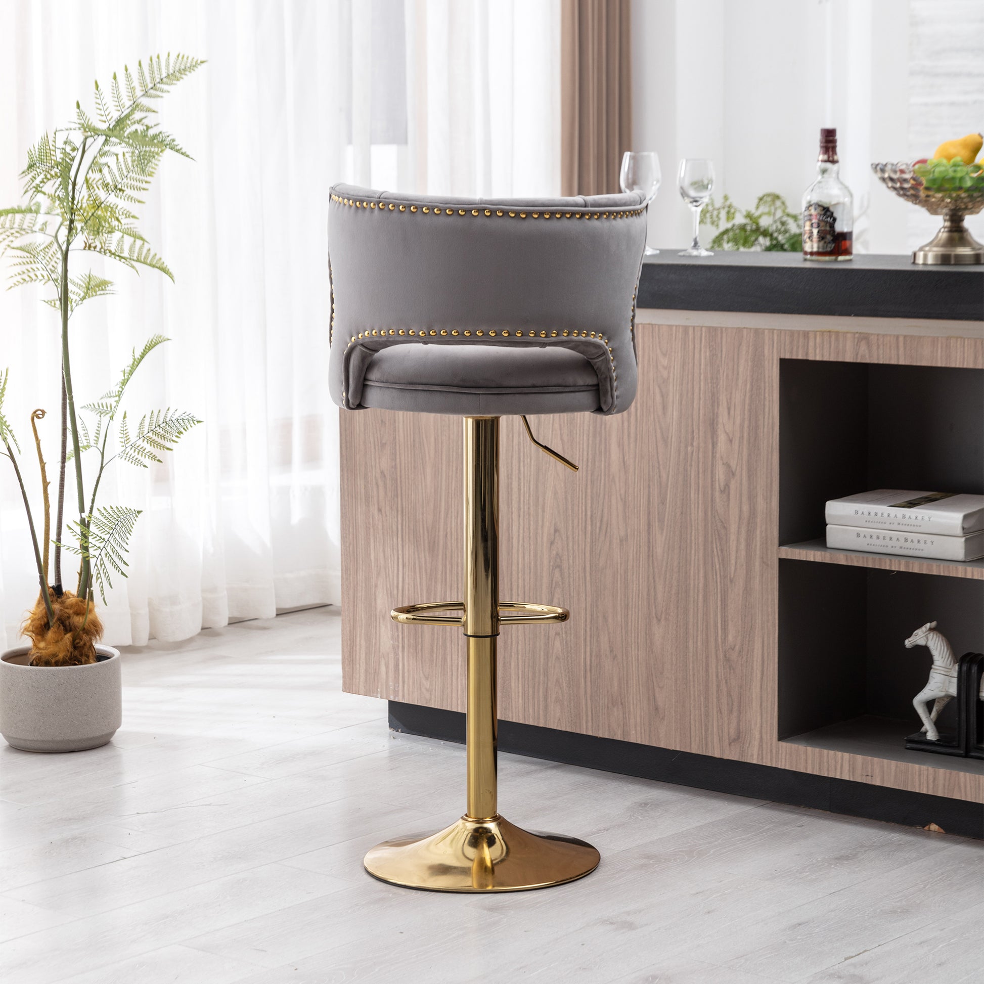 Bar Stools With Back And Footrest Counter Height Dining Chairs Velvet Grey 2Pcs Set Grey Upholstered