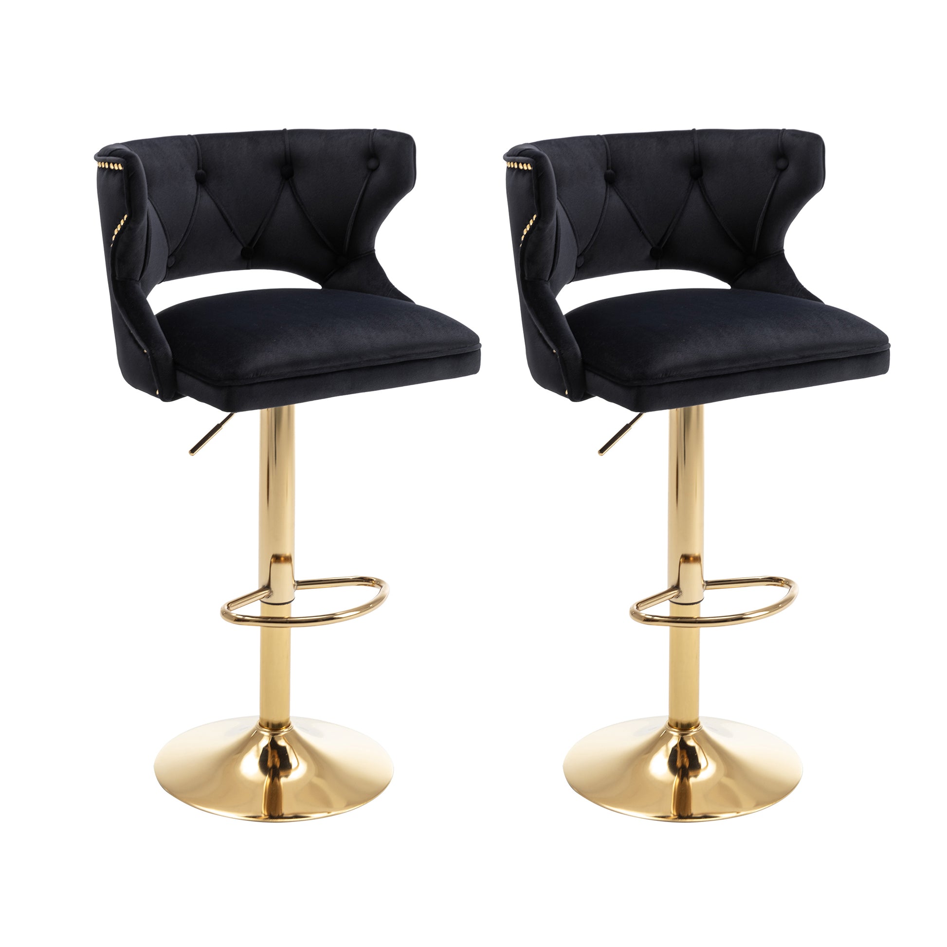 Bar Stools With Back And Footrest Counter Height Dining Chairs Velvet Black 2Pcs Set Black Upholstered