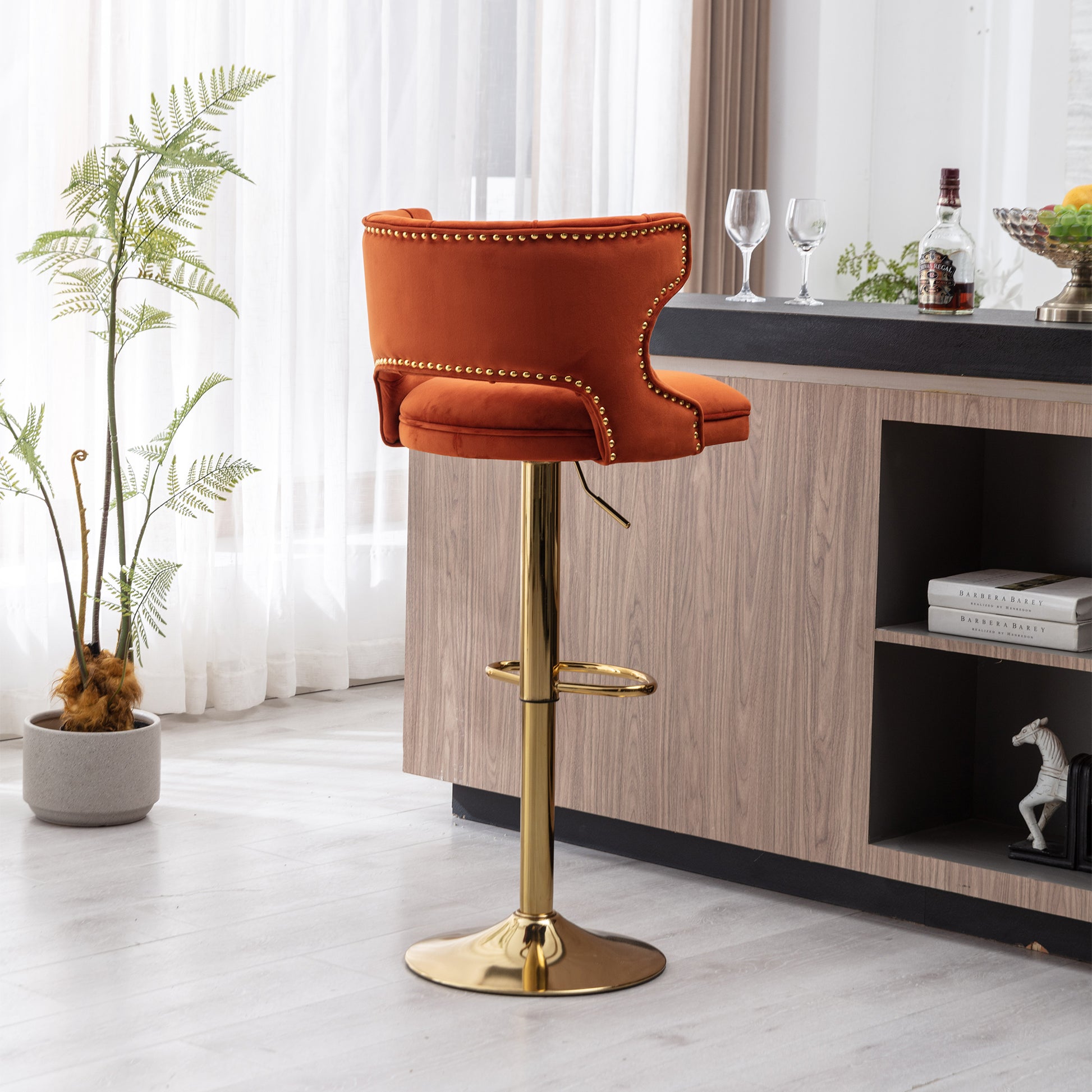 Bar Stools With Back And Footrest Counter Height Dining Chairs Velvet Orange 2Pcs Set Orange Upholstered