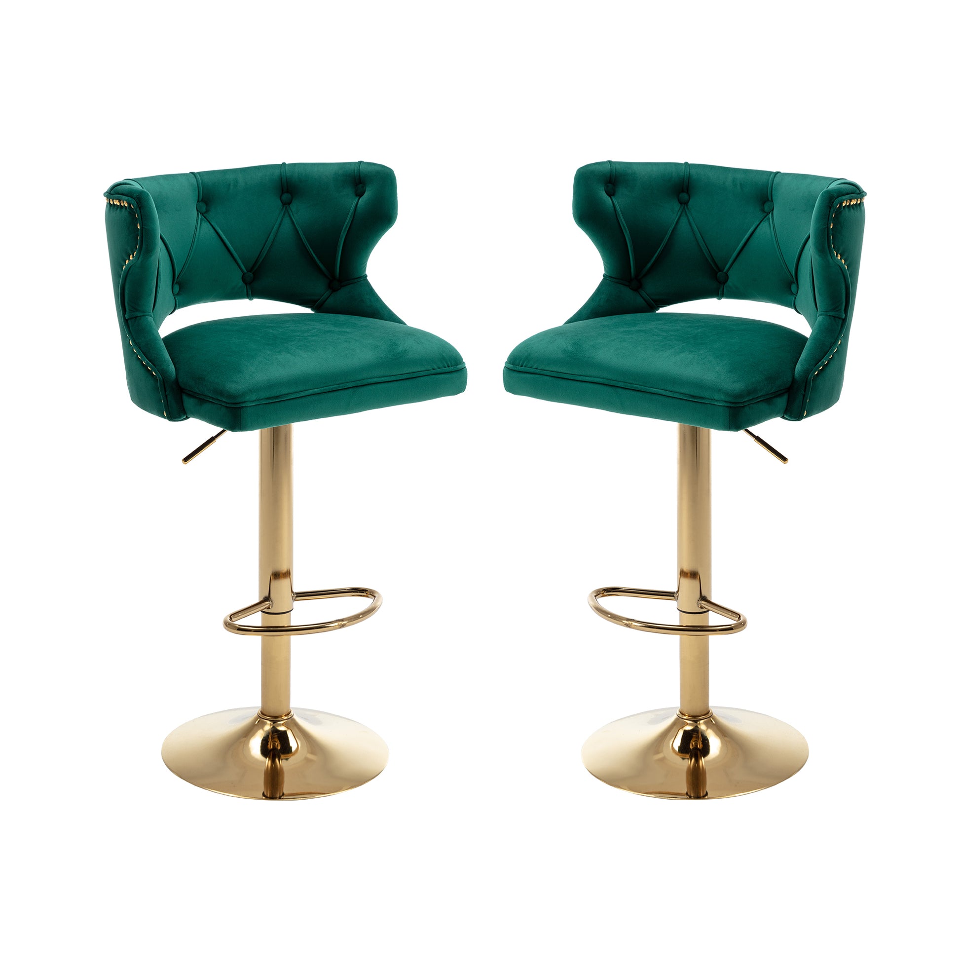 Bar Stools With Back And Footrest Counter Height Dining Chairs Velvet Green 2Pcs Set Green Upholstered