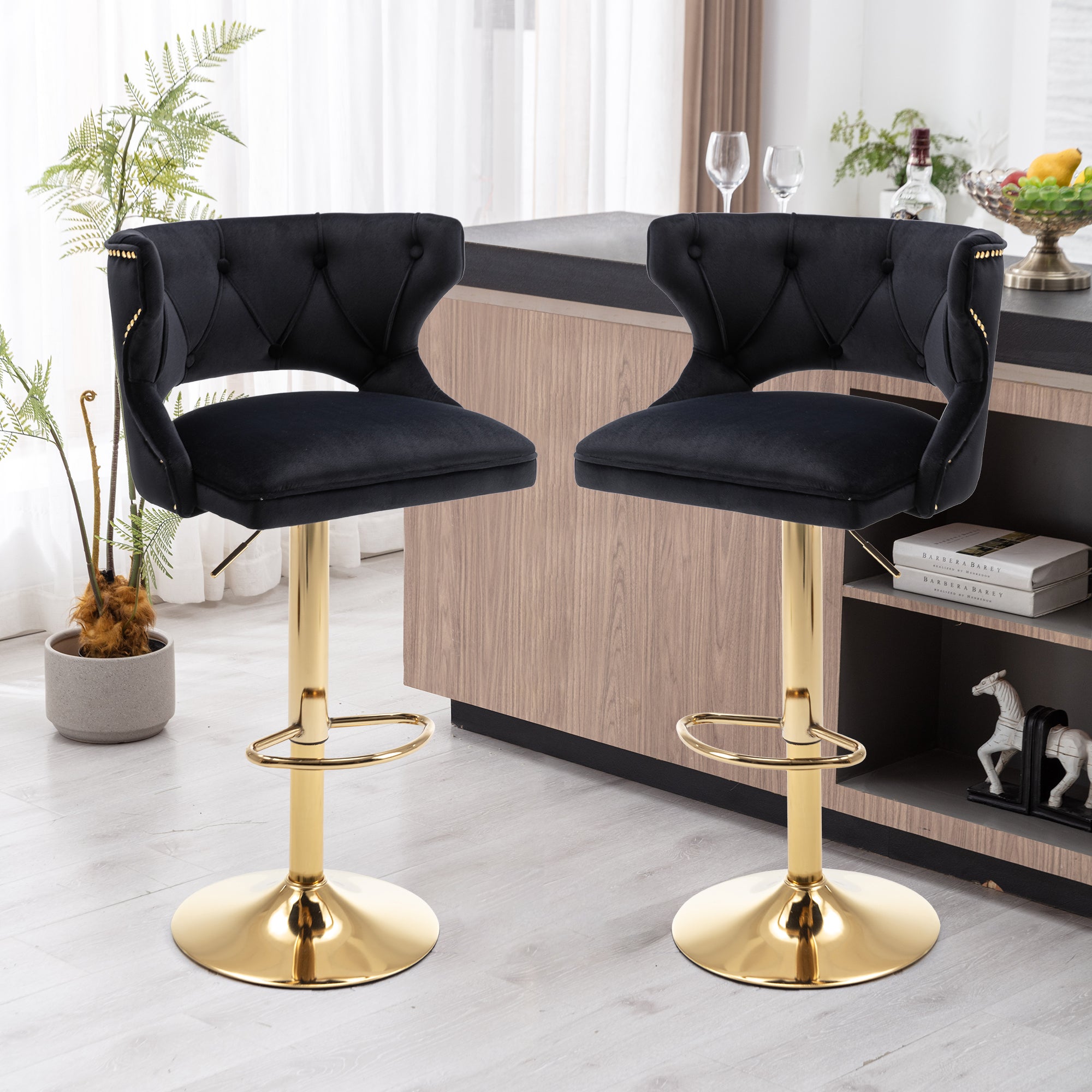 Bar Stools With Back And Footrest Counter Height Dining Chairs Velvet Black 2Pcs Set Black Upholstered