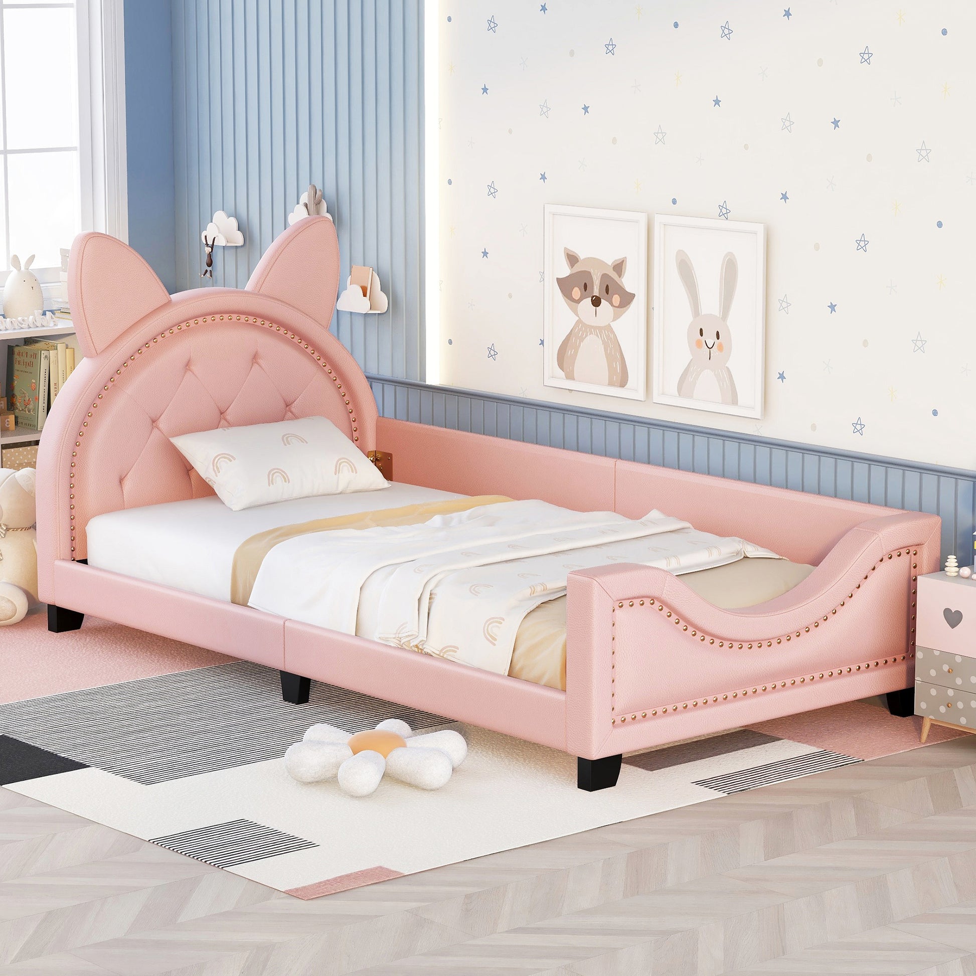 Twin Size Upholstered Daybed With Carton Ears Shaped Headboard, Pink Pink Pu Leather