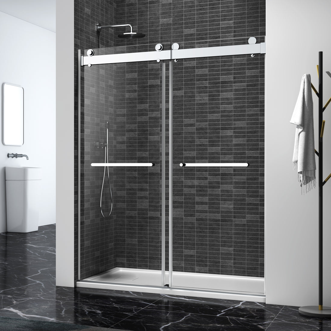 72*76" Double Sliding Frameless Shower Door Brushed Nickel With Buffer Brushed Nickel Glass