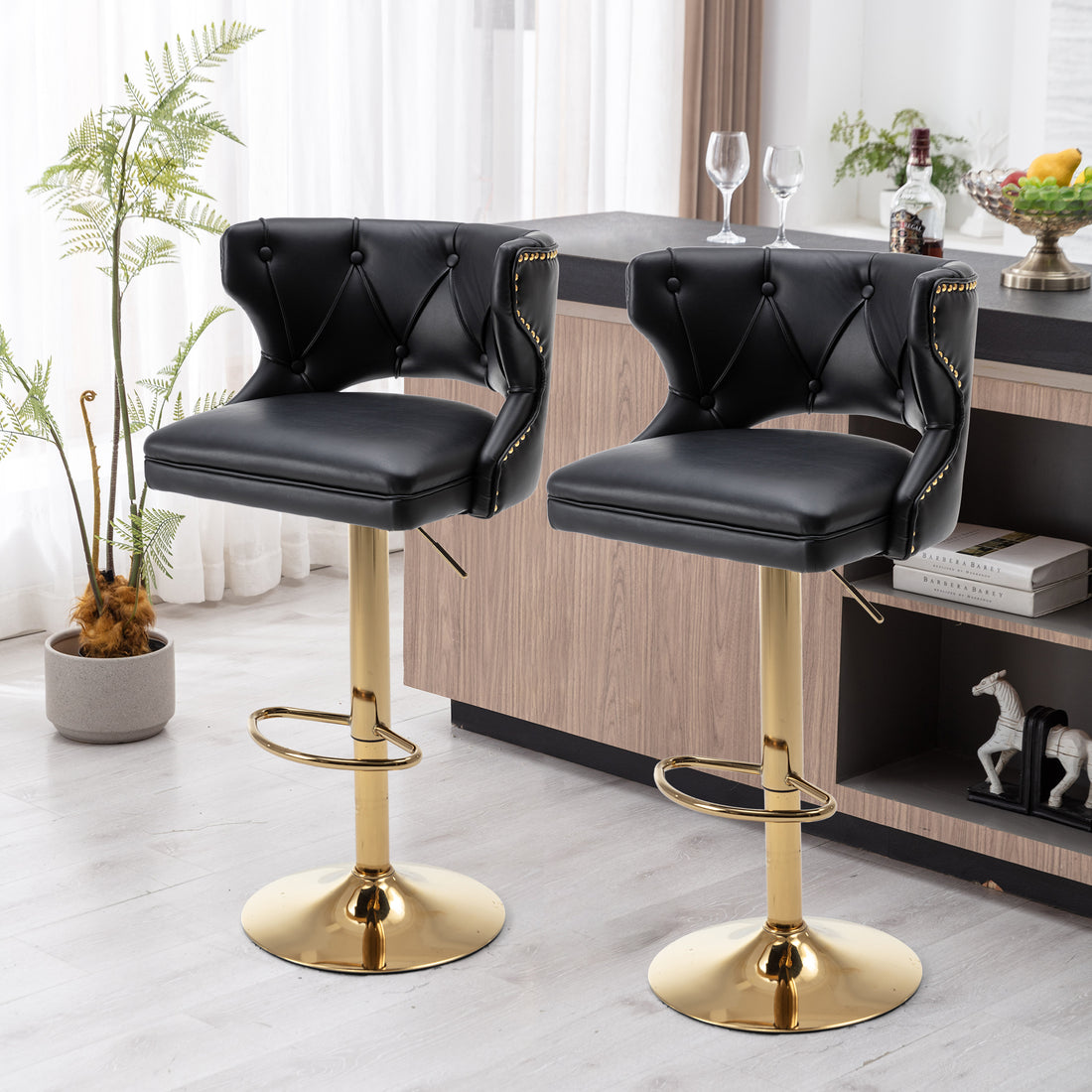 Bar Stools With Back And Footrest Counter Height Dining Chairs Leather Black 2Pcs Set Black Upholstered