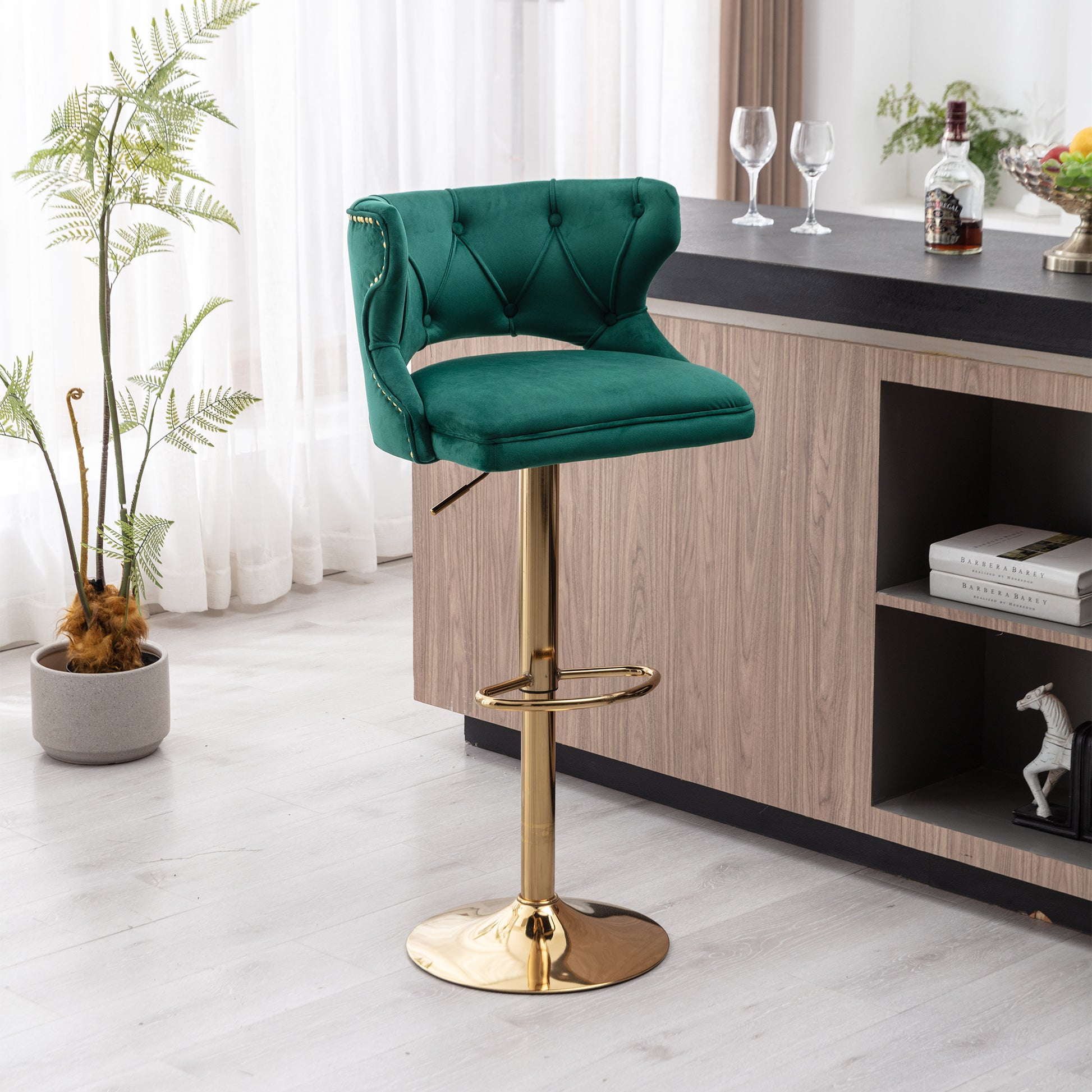 Bar Stools With Back And Footrest Counter Height Dining Chairs Velvet Green 2Pcs Set Green Upholstered