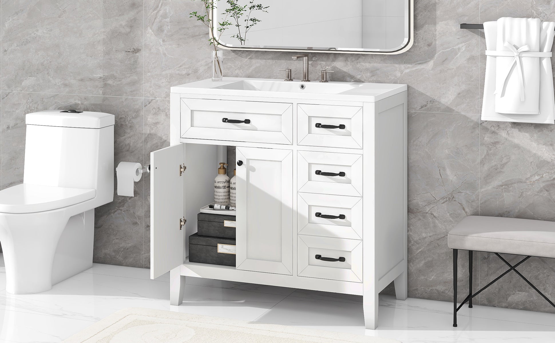 36" Bathroom Vanity With Sink Combo, White Bathroom Cabinet With Drawers, Solid Frame And Mdf Board Old Sku:Jl000007Aak White Solid Wood Mdf