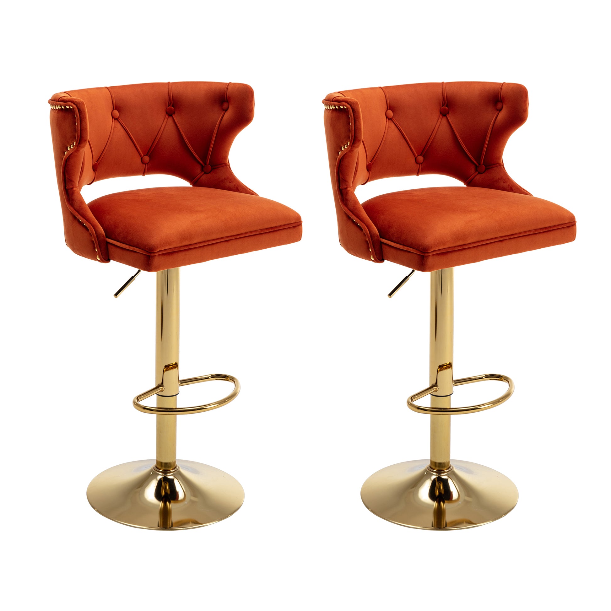 Bar Stools With Back And Footrest Counter Height Dining Chairs Velvet Orange 2Pcs Set Orange Upholstered