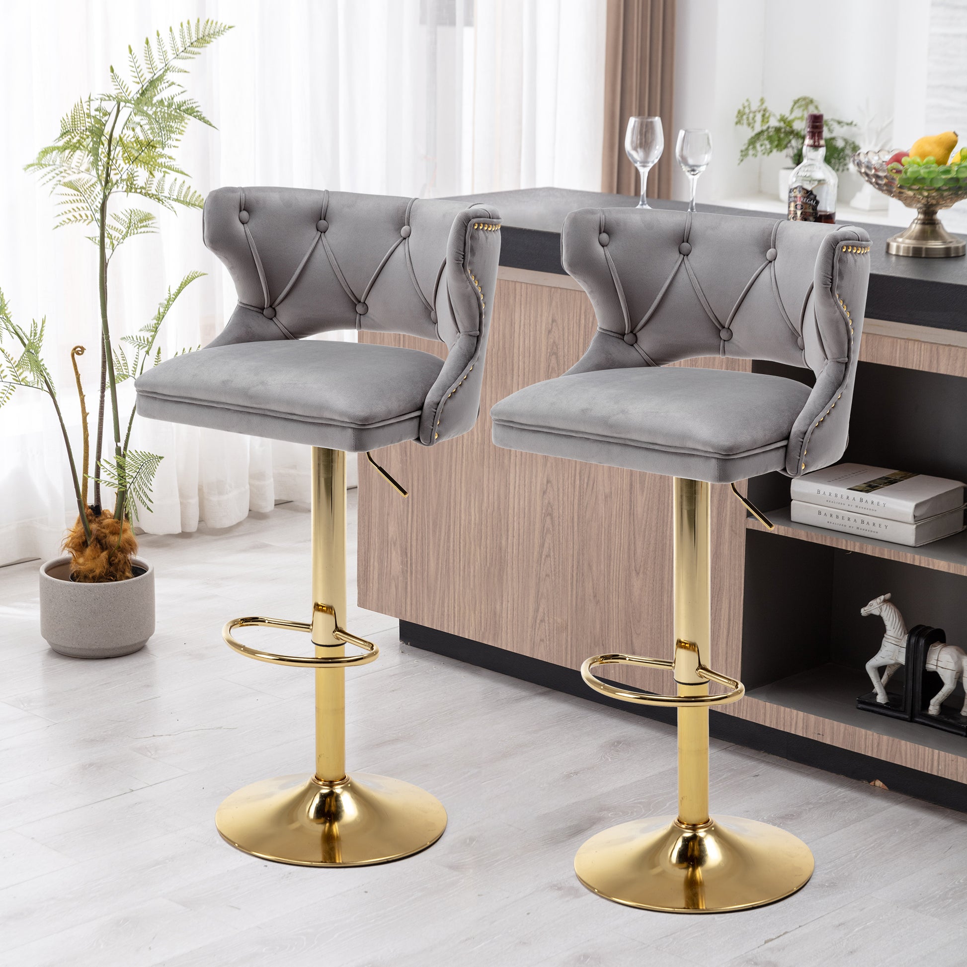 Bar Stools With Back And Footrest Counter Height Dining Chairs Velvet Grey 2Pcs Set Grey Upholstered