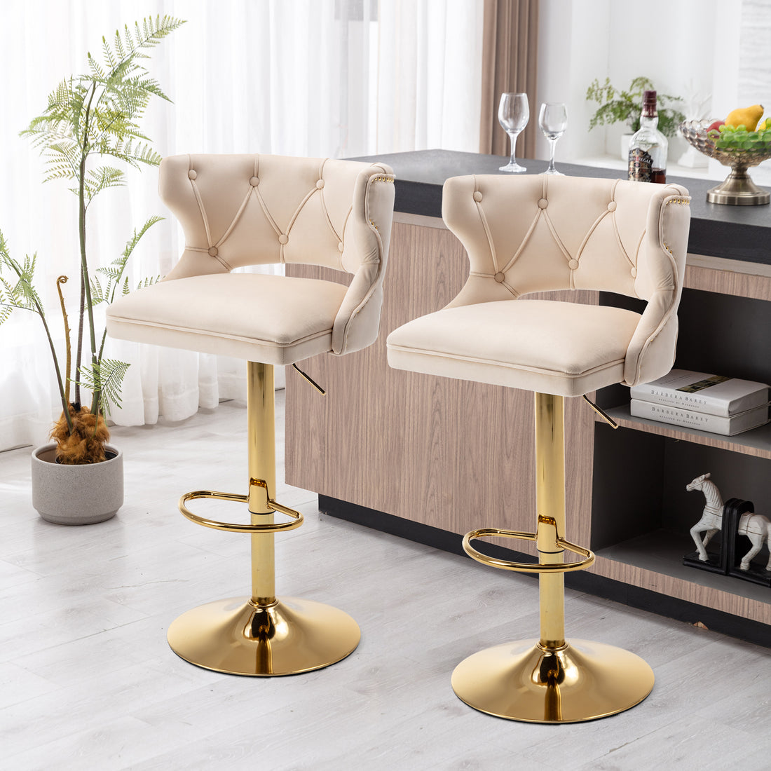 Bar Stools With Back And Footrest Counter Height Dining Chairs Velvet Beige 2Pcs Set Beige Upholstered