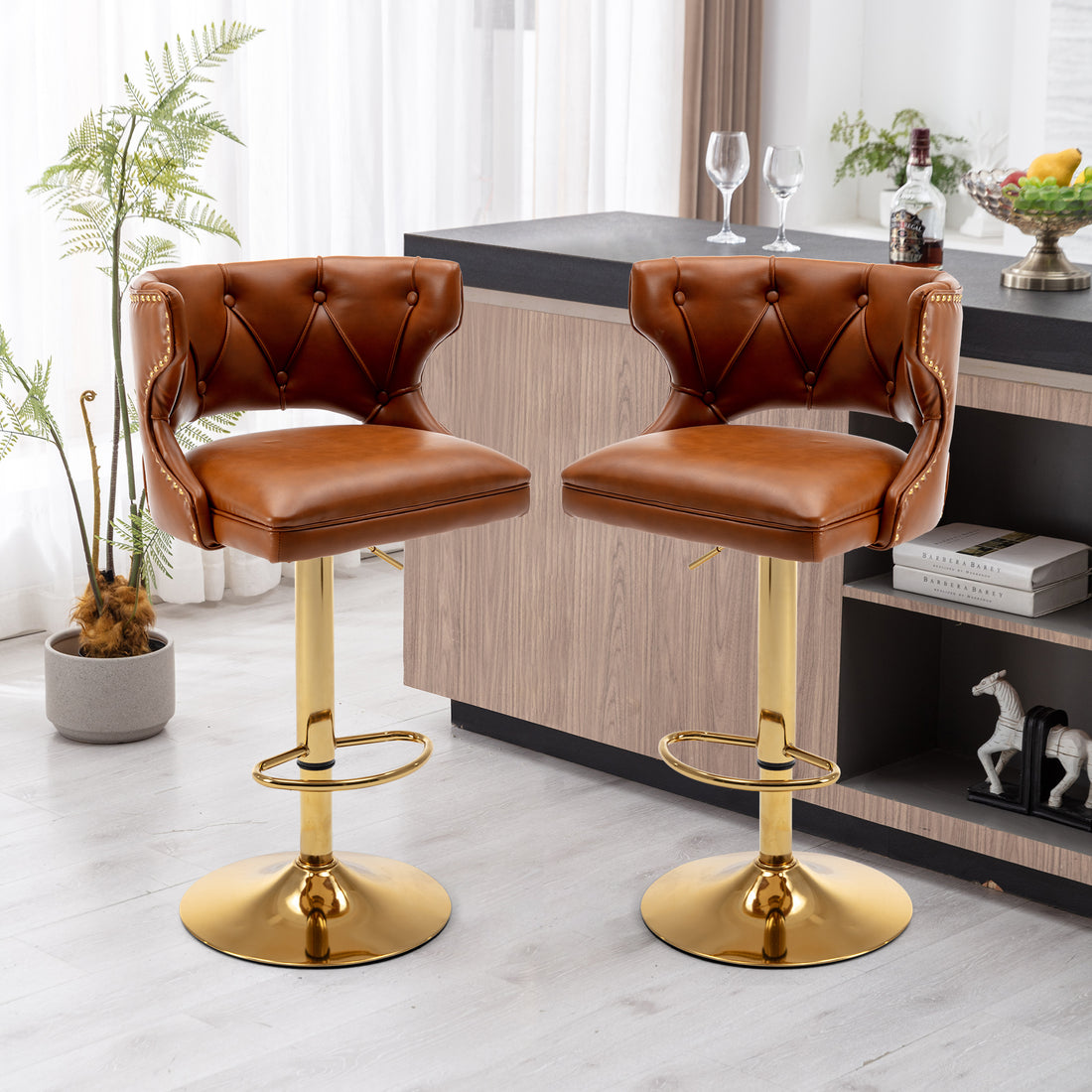 Bar Stools With Back And Footrest Counter Height Dining Chairs Leather Brown 2Pcs Set Brown Upholstered