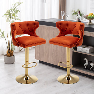 Bar Stools With Back And Footrest Counter Height Dining Chairs Velvet Orange 2Pcs Set Orange Upholstered