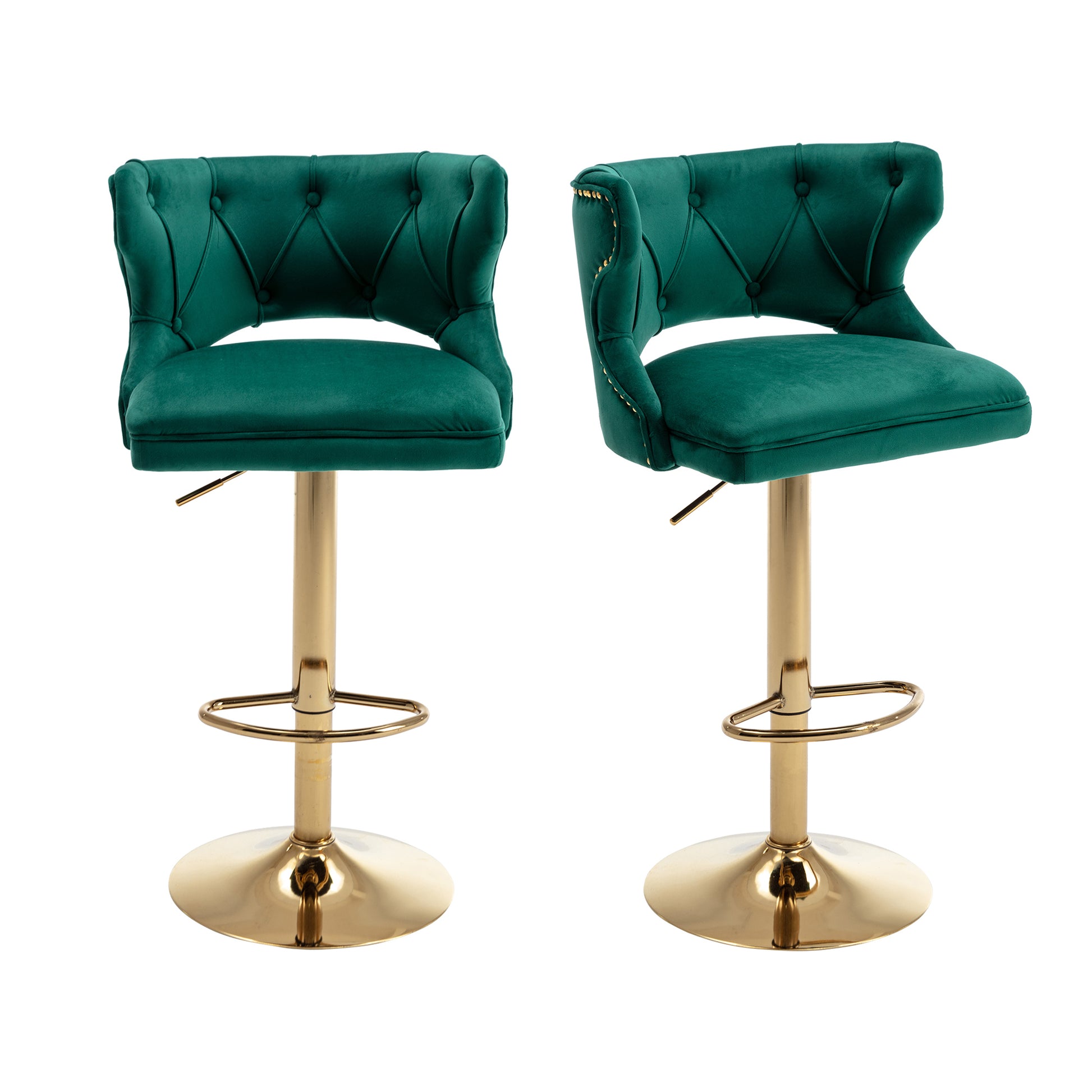 Bar Stools With Back And Footrest Counter Height Dining Chairs Velvet Green 2Pcs Set Green Upholstered