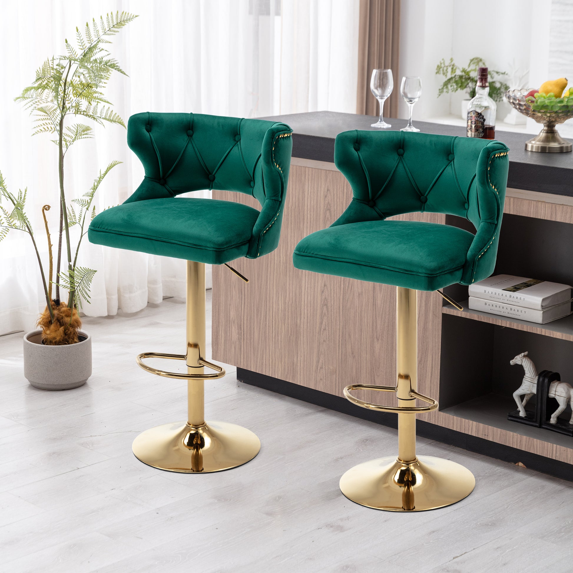 Bar Stools With Back And Footrest Counter Height Dining Chairs Velvet Green 2Pcs Set Green Upholstered