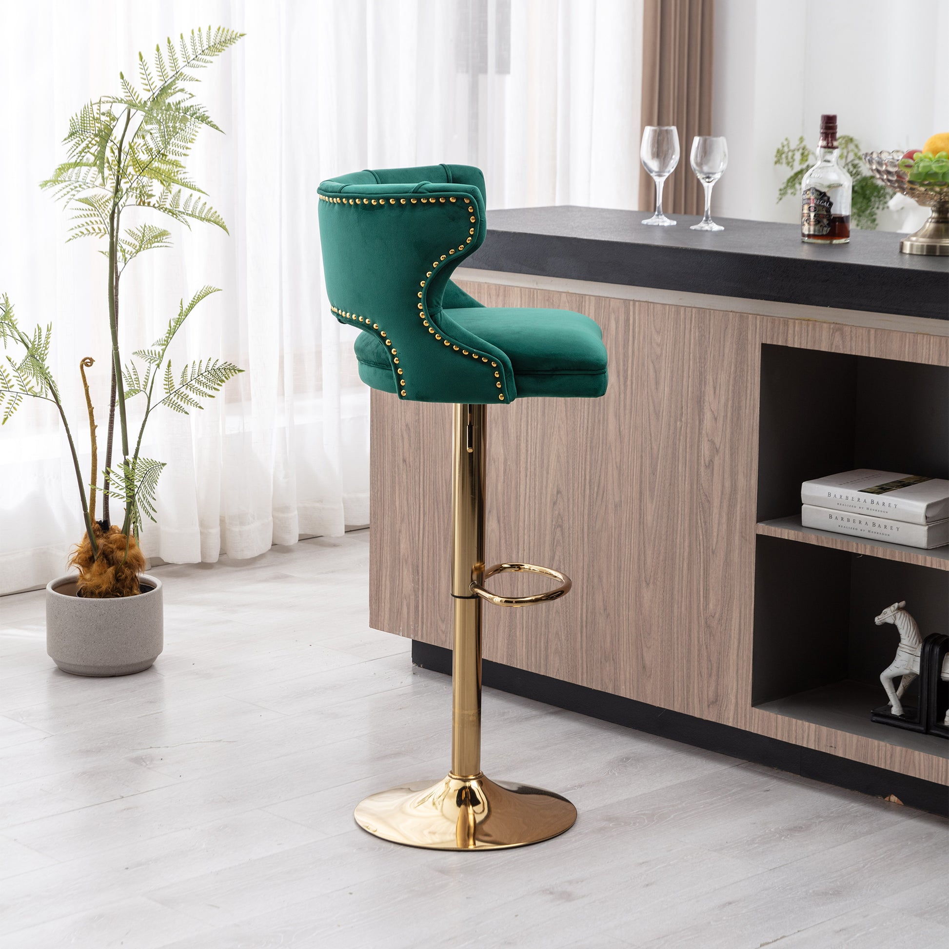 Bar Stools With Back And Footrest Counter Height Dining Chairs Velvet Green 2Pcs Set Green Upholstered