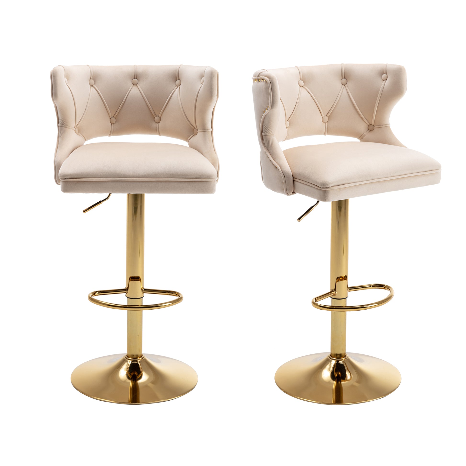 Bar Stools With Back And Footrest Counter Height Dining Chairs Velvet Beige 2Pcs Set Beige Upholstered