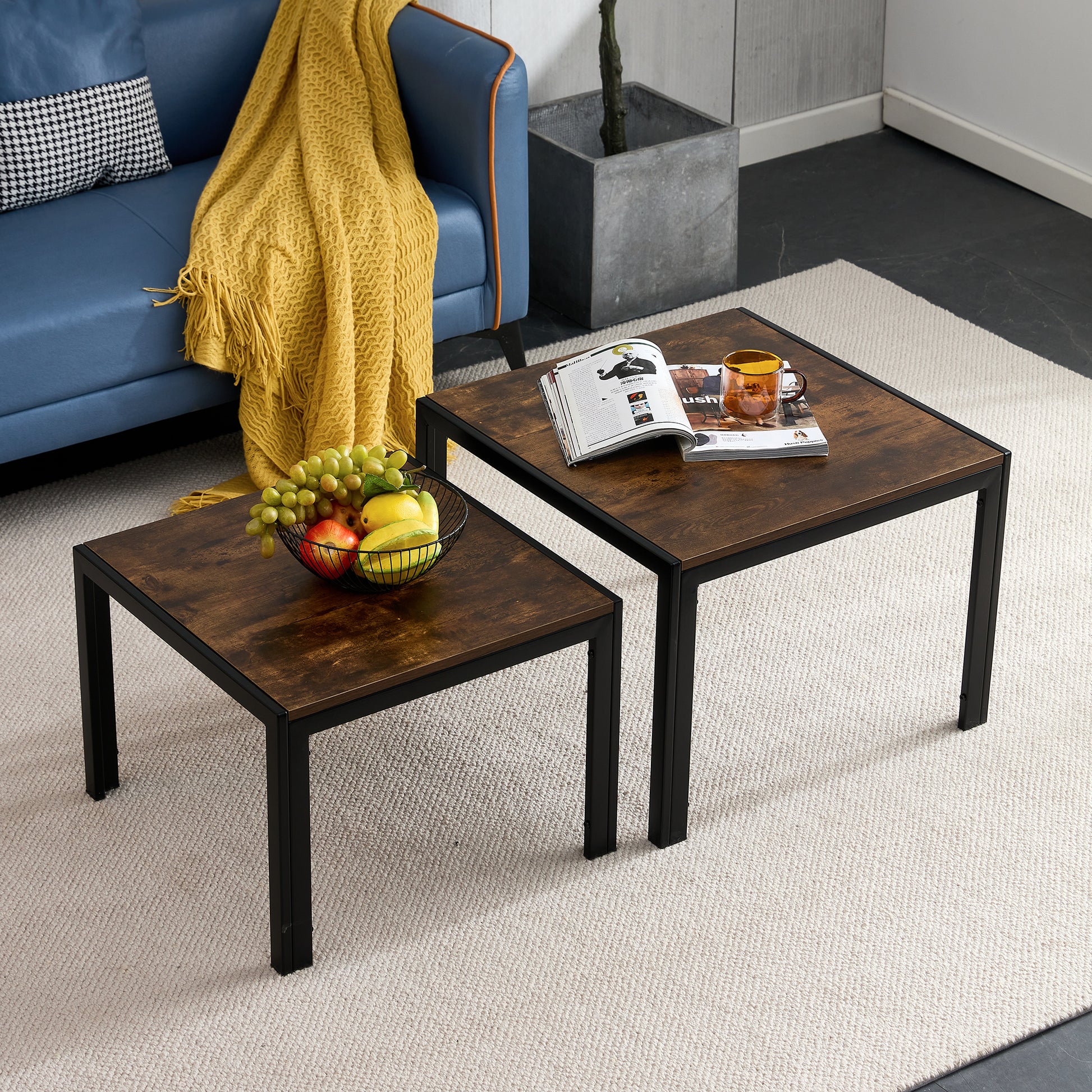 Nesting Coffee Table Set Of 2, Square Modern Stacking Table With Wood Finish For Living Room,Rustic Brown Rustic Brown Mdf