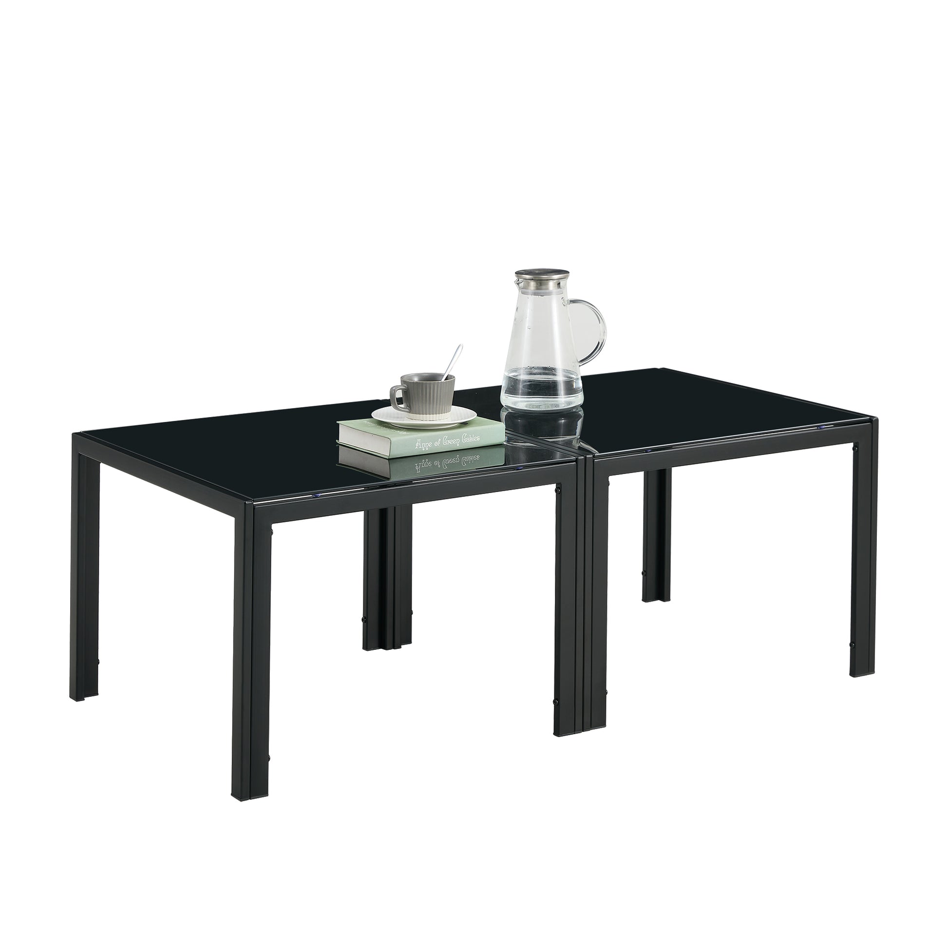 Coffee Table Set Of 2, Square Modern Table With Tempered Glass Finish For Living Room,Black Black Glass