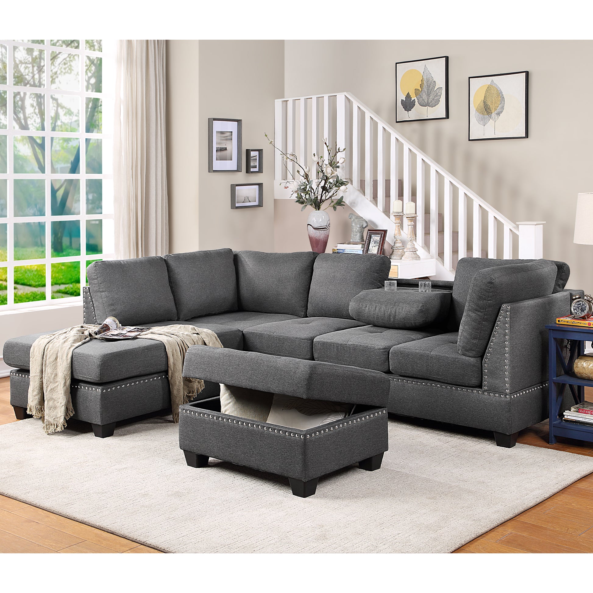 104.5" Reversible Sectional Sofa Space Saving With Storage Ottoman Rivet Ornament L Shape Couch For Small Or Large Space Dorm Apartment,Gray Old Sg000405Aaa Gray Foam Linen