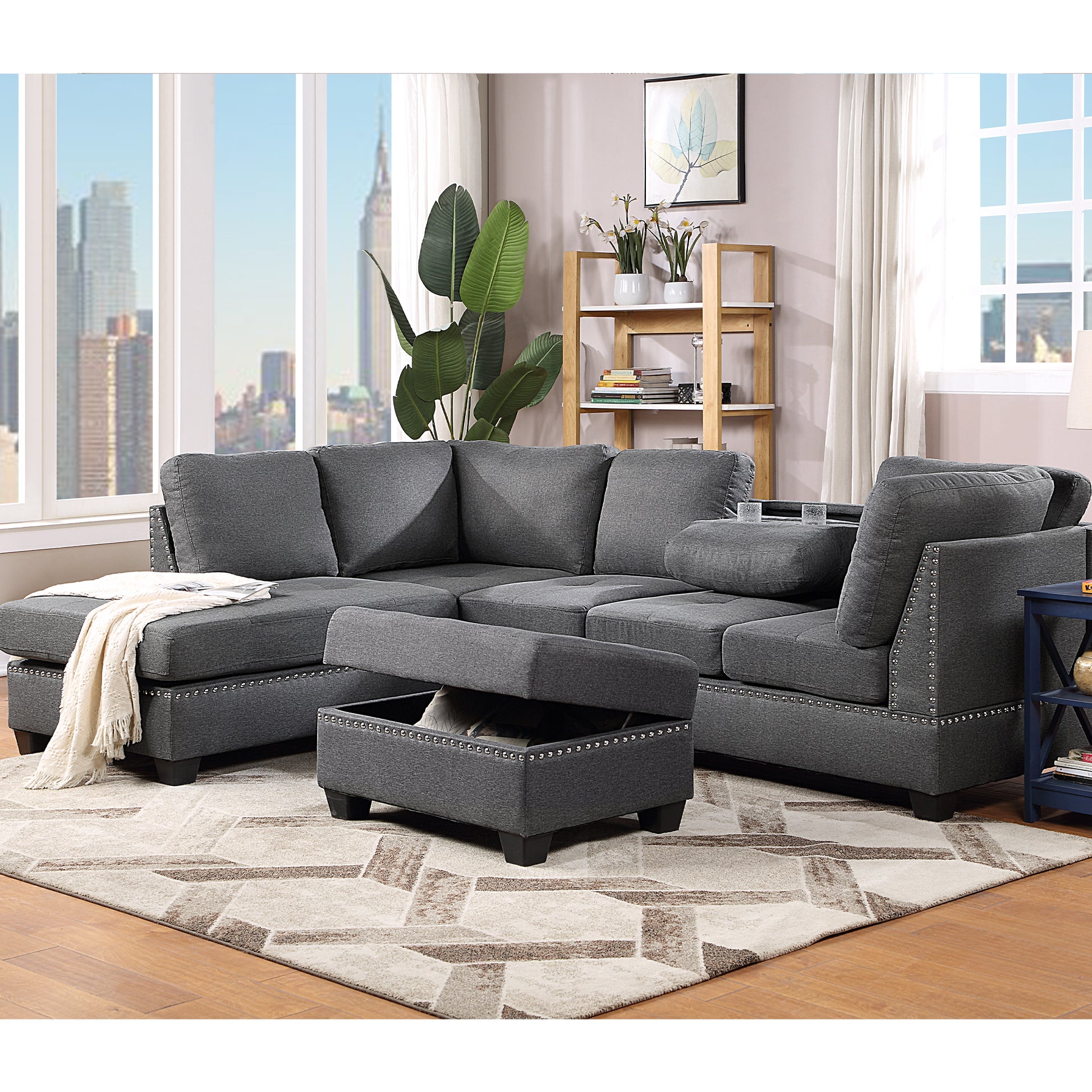 104.5" Reversible Sectional Sofa Space Saving With Storage Ottoman Rivet Ornament L Shape Couch For Small Or Large Space Dorm Apartment,Gray Old Sg000405Aaa Gray Foam Linen